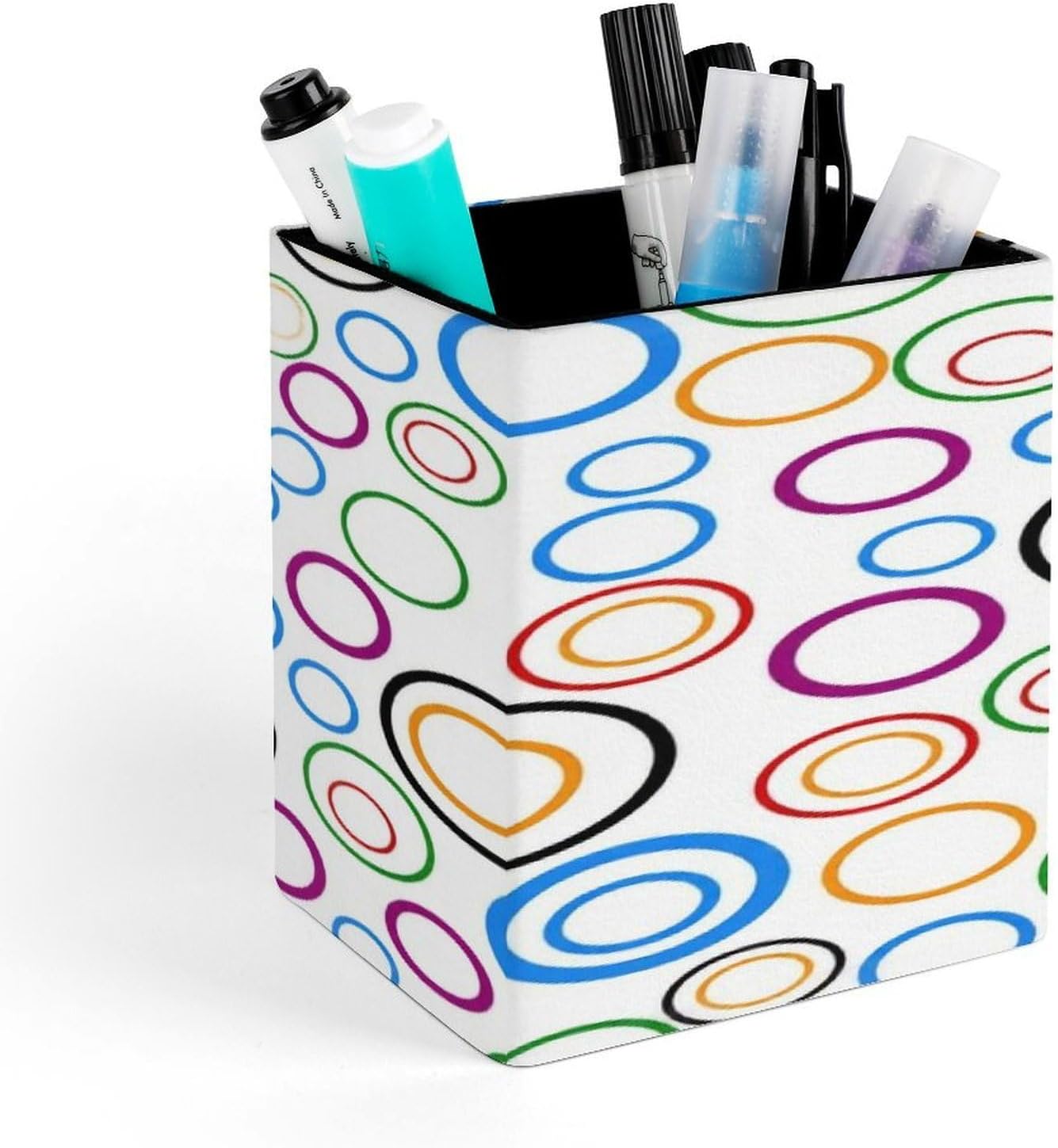 Colorful Circle Pattern Leather Square Pen Holder