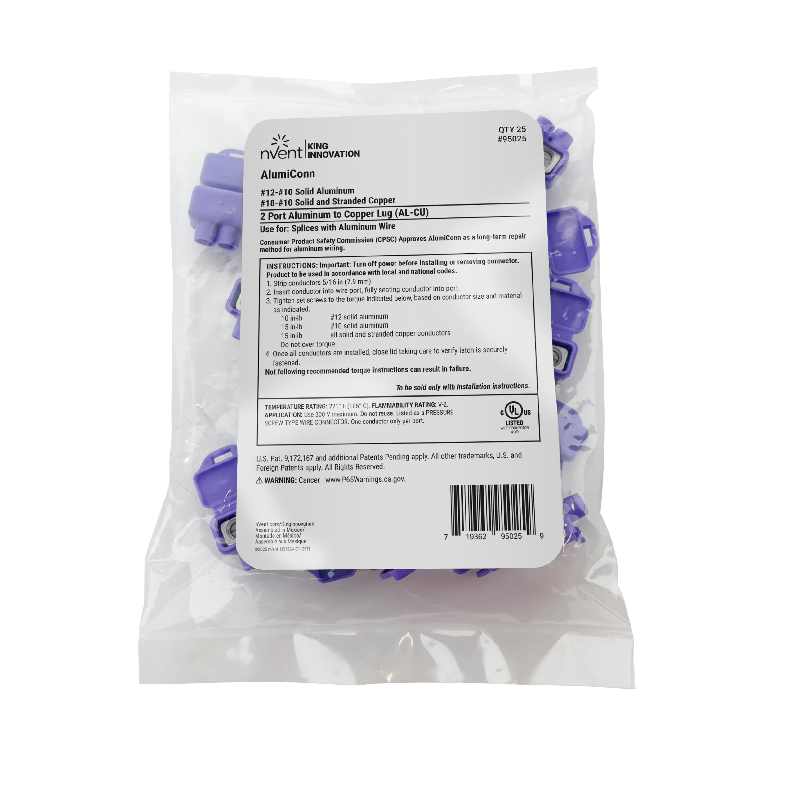 King Innovation 95025 Złącze przewodu AlumiConn, 25 szt., Fioletowe, Liczba