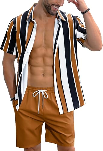 LecGee Mens Hawaiian Shirt Set Tropical Print Striped Button Down Hawaiian Shirt and Shorts 2 Piece Outfits