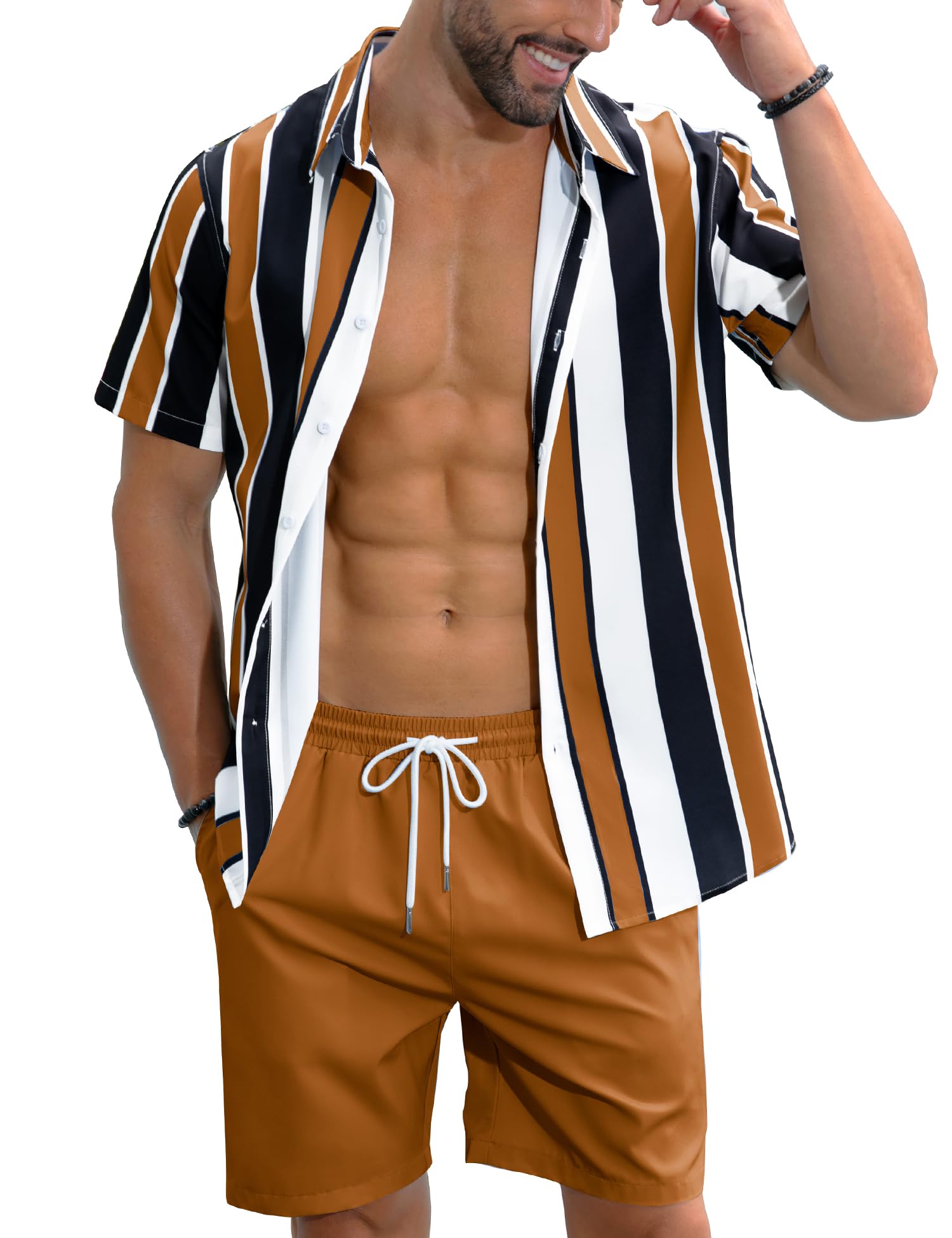 LecGeeMen's Hawaiian Shirt Set Tropical Print Striped Button Down Hawaiian Shirt and Shorts 2 Piece Outfits