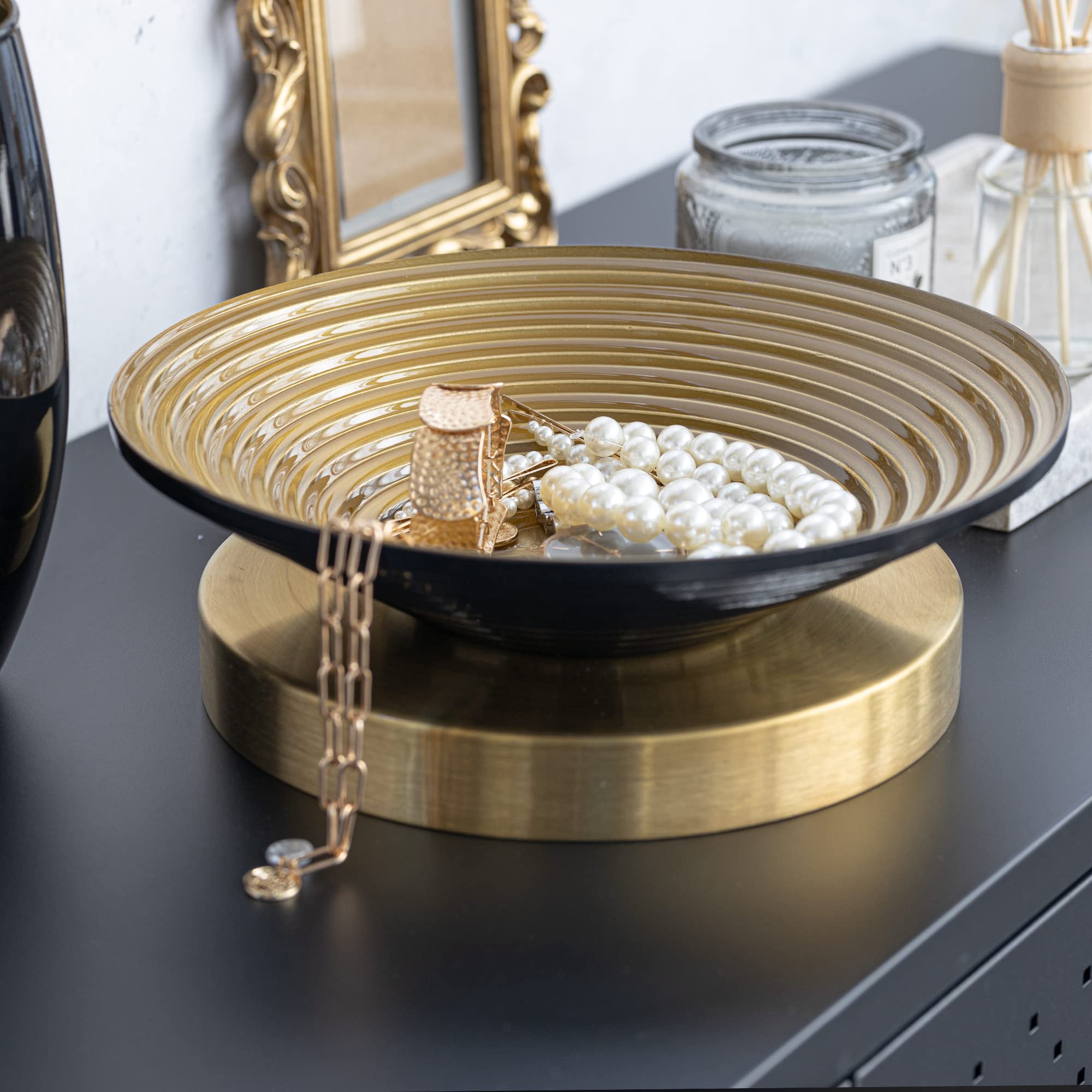 TREND FOR HOME Ciotola Decorativa ⌀ 27 cm Fruttiera in Vetro Centrotavola Vassoio di Caramelle Piatto di Frutta Decorazioni Casa Vaso Decorativo da Interno Portafrutta, Alexis, Nero/Oro