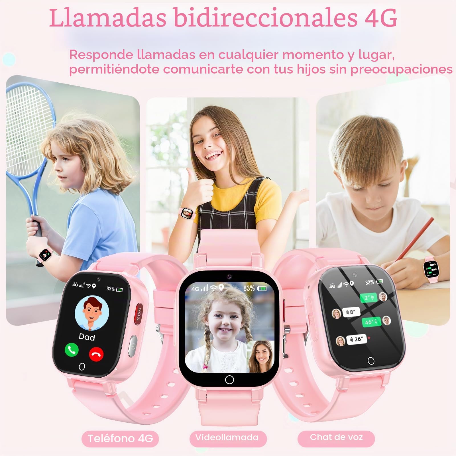 Reloj Inteligente Niño 4G, Smartwatch Niños con GPS y Teléfono, Videollamadas, SOS, Chat de Voz, Modo Escuela, Despertador, Juegos, Podómetro, Reloj Inteligente Niñas Niños 4-12 Regalo (Rosa)