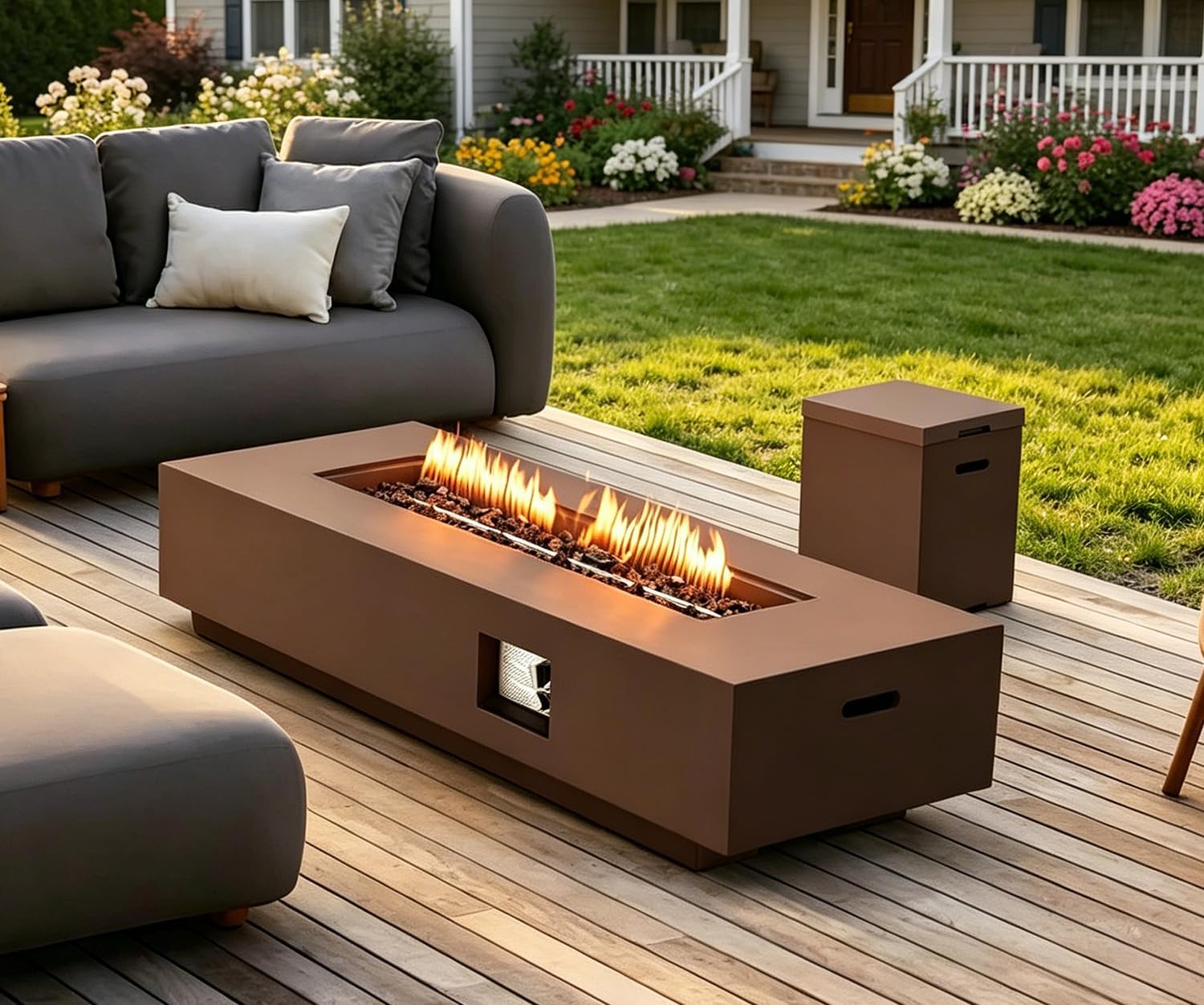 ECOTOUGE 2-Piece Gas Fire Pit, Outdoor Propane Fire Pit Table Set w/Tank Cover, 30''Auto-Ignition Rectangle Steel Fire Table, Concrete Fire Pit w/Weather-Resistant Pit Cover, Lava Rocks, Brown