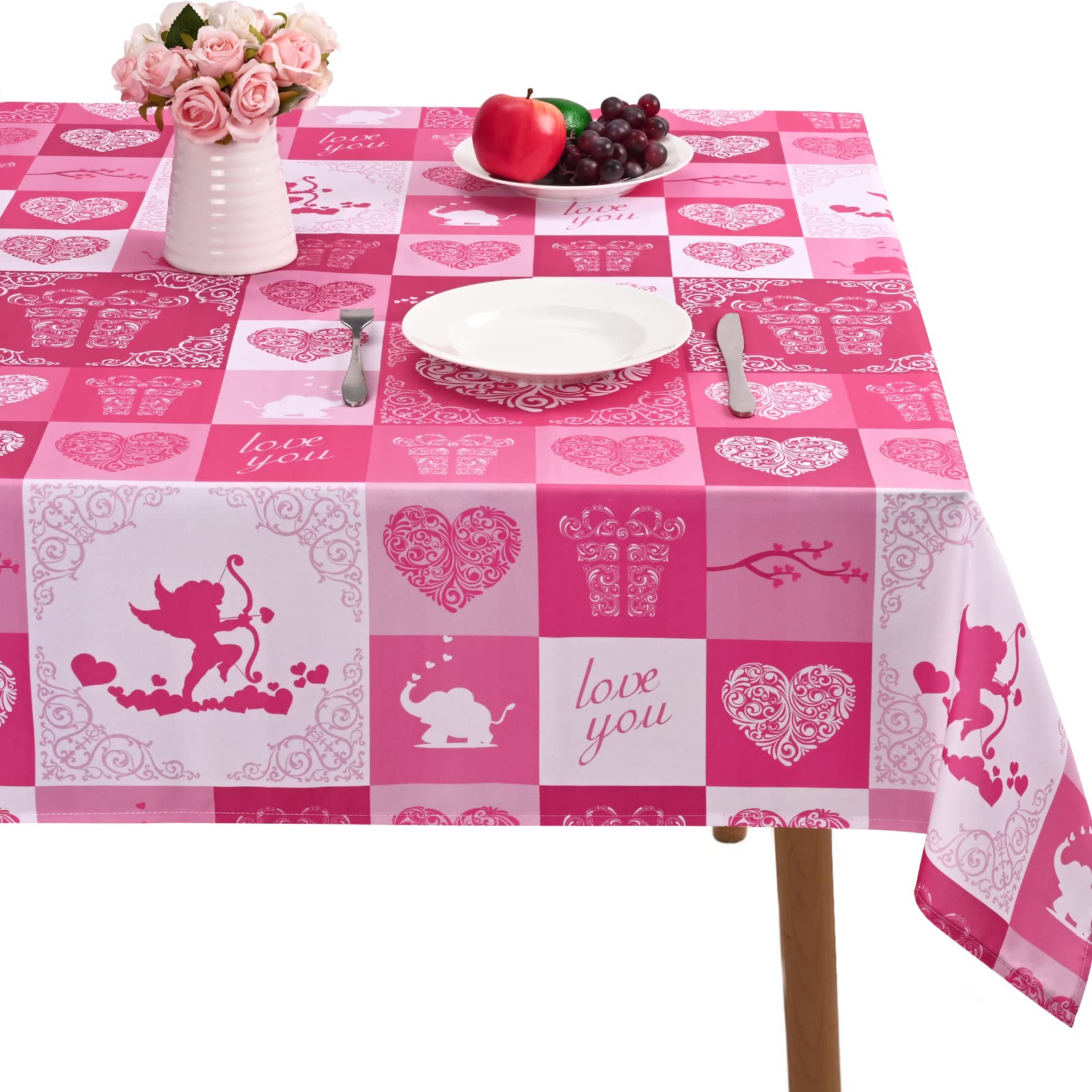 Sunm Boutique Valentines Day Tablecloth Love You and Pink Heart Table Cloth Waterproof Machine Washable Tablecloth for Valentines Wedding Decoration 55" × 55"