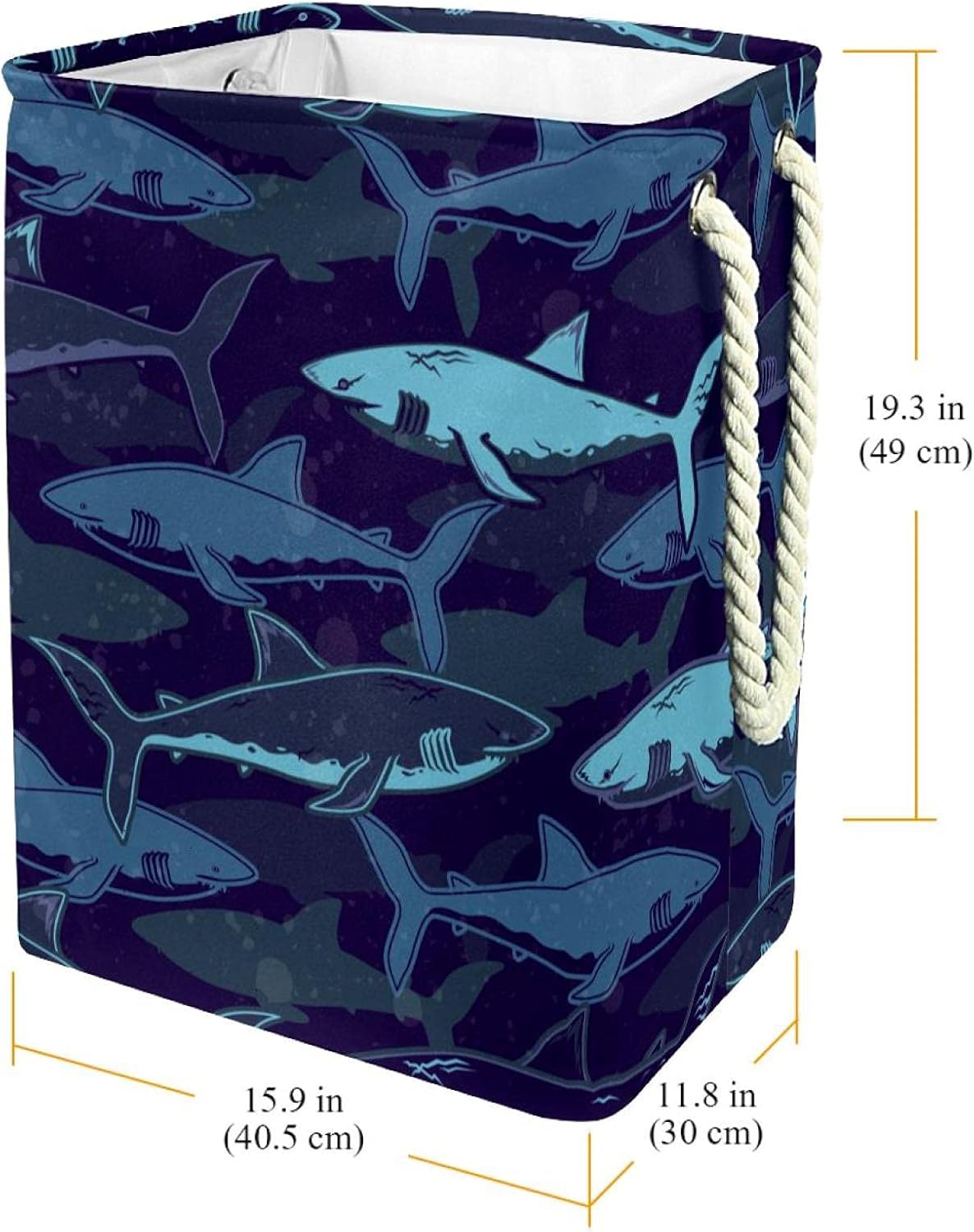 Laundry Basket With Handles Waterproof Collapsible Laundry Hamper For Storage Bins Kids Room Home Organizer Navy Blue Sharks Ocean Sea, 19.3x11.8x15.9 In