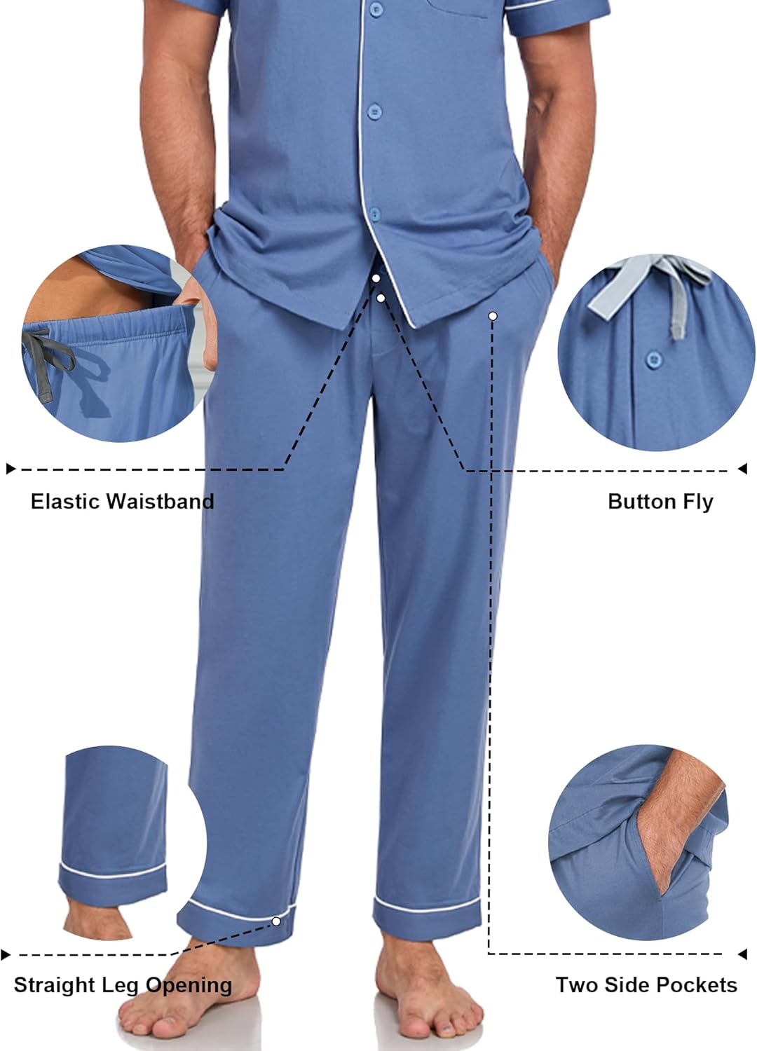 COLORFULLEAF 100% Cotton Mens Pajamas Set Short Sleeve Loungewear with Long Pants Button Down Sleepwear Soft Comfy Pj for Men