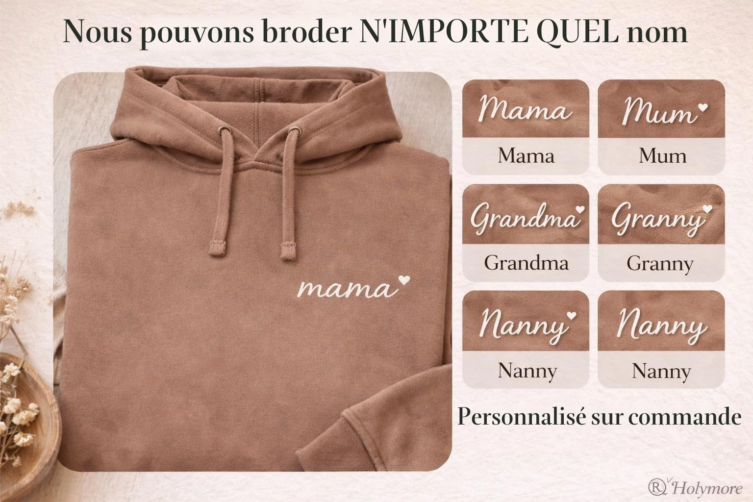 Generisch Sweat à capuche brodé pour maman, noms d'enfants personnalisés sur la manche