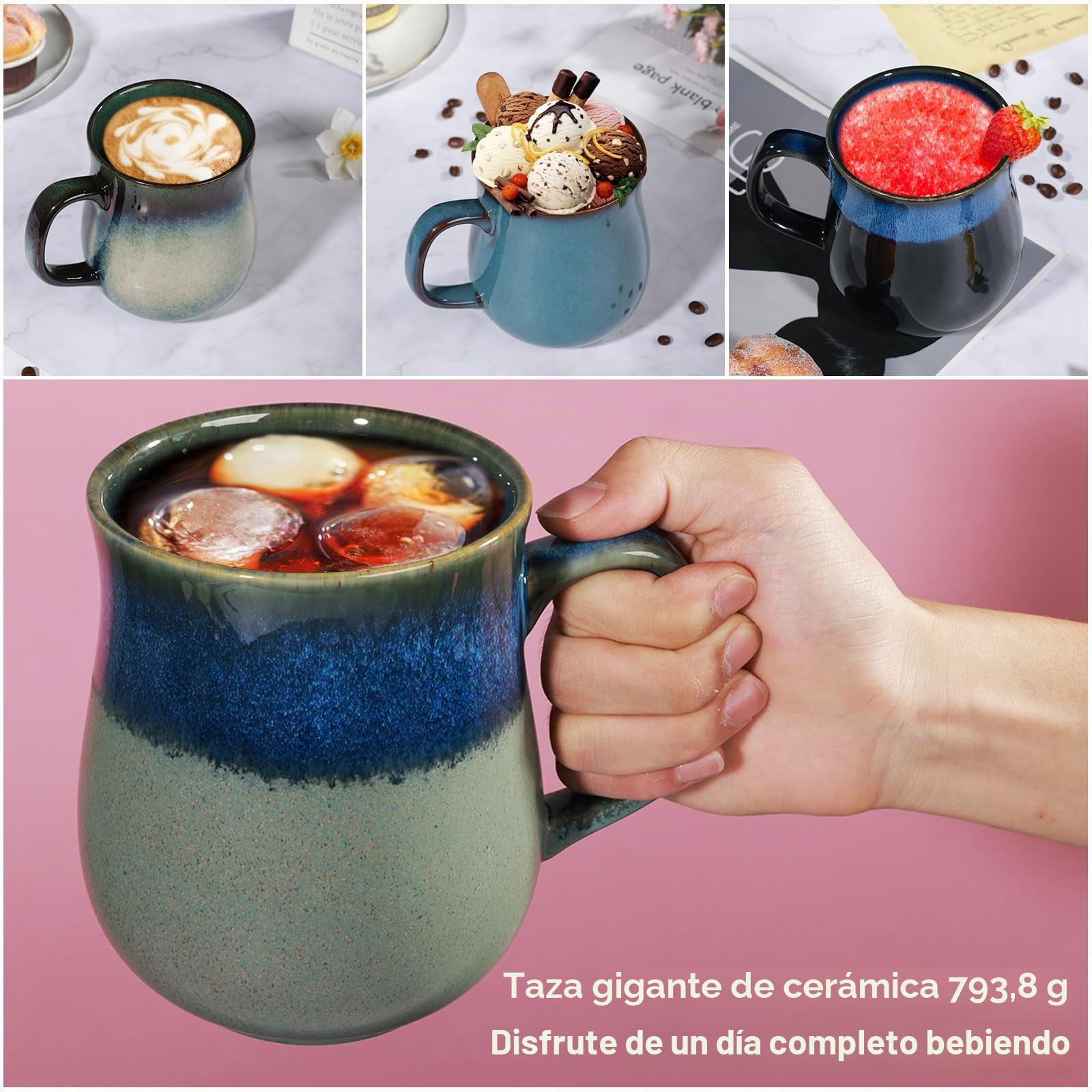 800ml Tazas de café de Cerámica Extra Grande (Azul Estrellado) | Hecho a mano, Esmalte texturizado elegante, Apto para microondas, Apto para lavavajillas, Ideal para hogar y oficina