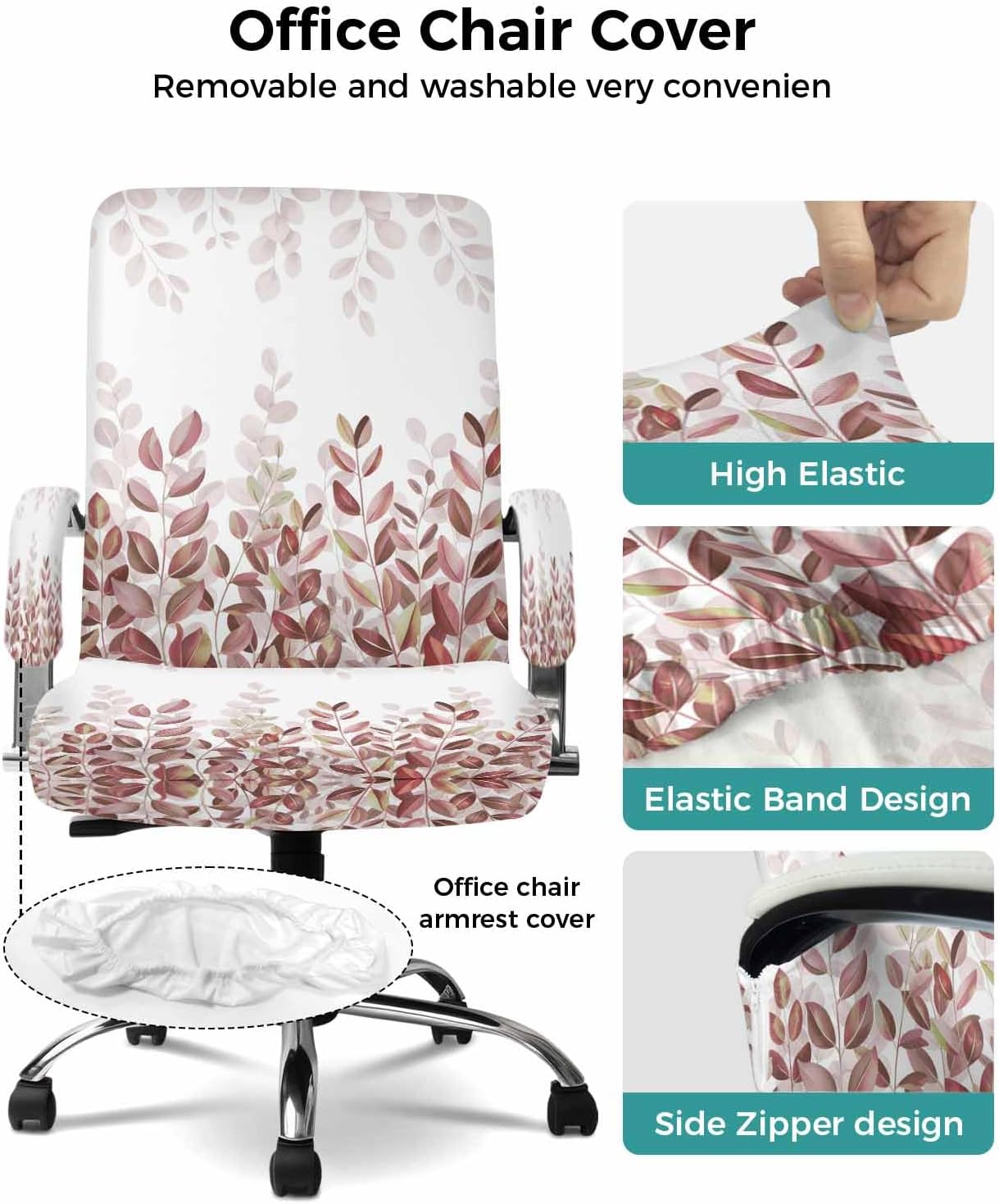 Spring Reddish Brown Eucalyptus Office Chair Covers with Armrest Covers, Rotating Chair Cover, Botanical Leaf Country Armchair Slipcovers Decorative Backrest and Seat Protectors, Large