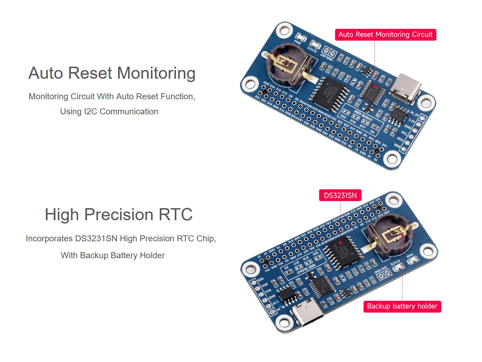 RTC WatchDog HAT per Raspberry Pi 4B/3B+/3B/2B/Zero W/Zero WH/Zero 2W/Jetson Nano, chip RTC ad alta precisione DS3231SN integrato, orologio in tempo reale, watchdog, monitoraggio reset automatico,