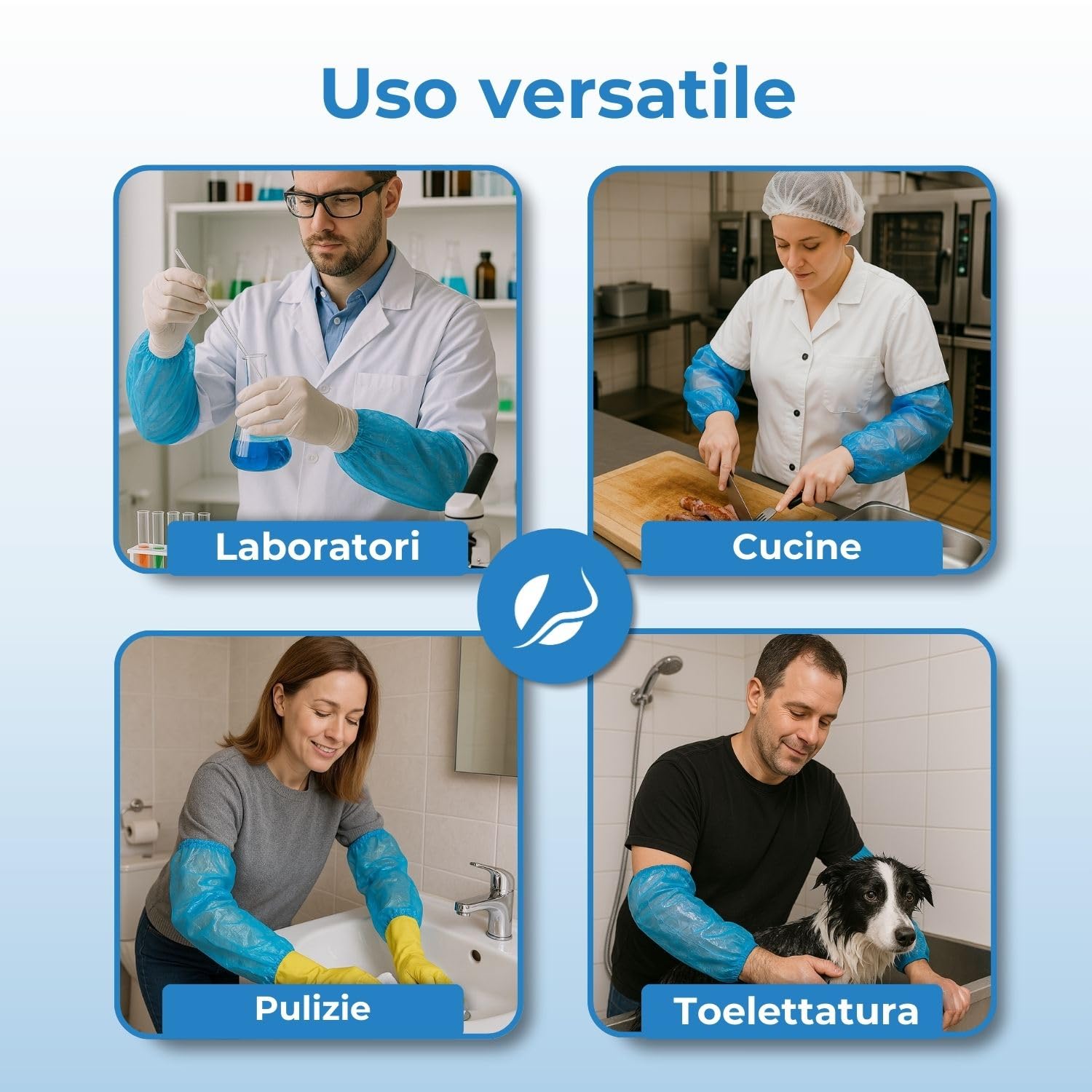 100 Manicotti per Braccia Monouso in Polietilene, Resistenti e Impermeabili con Doppio Elastico, Ideali per Lavoro e Uso Domestico, 16x40 cm, Azzurro