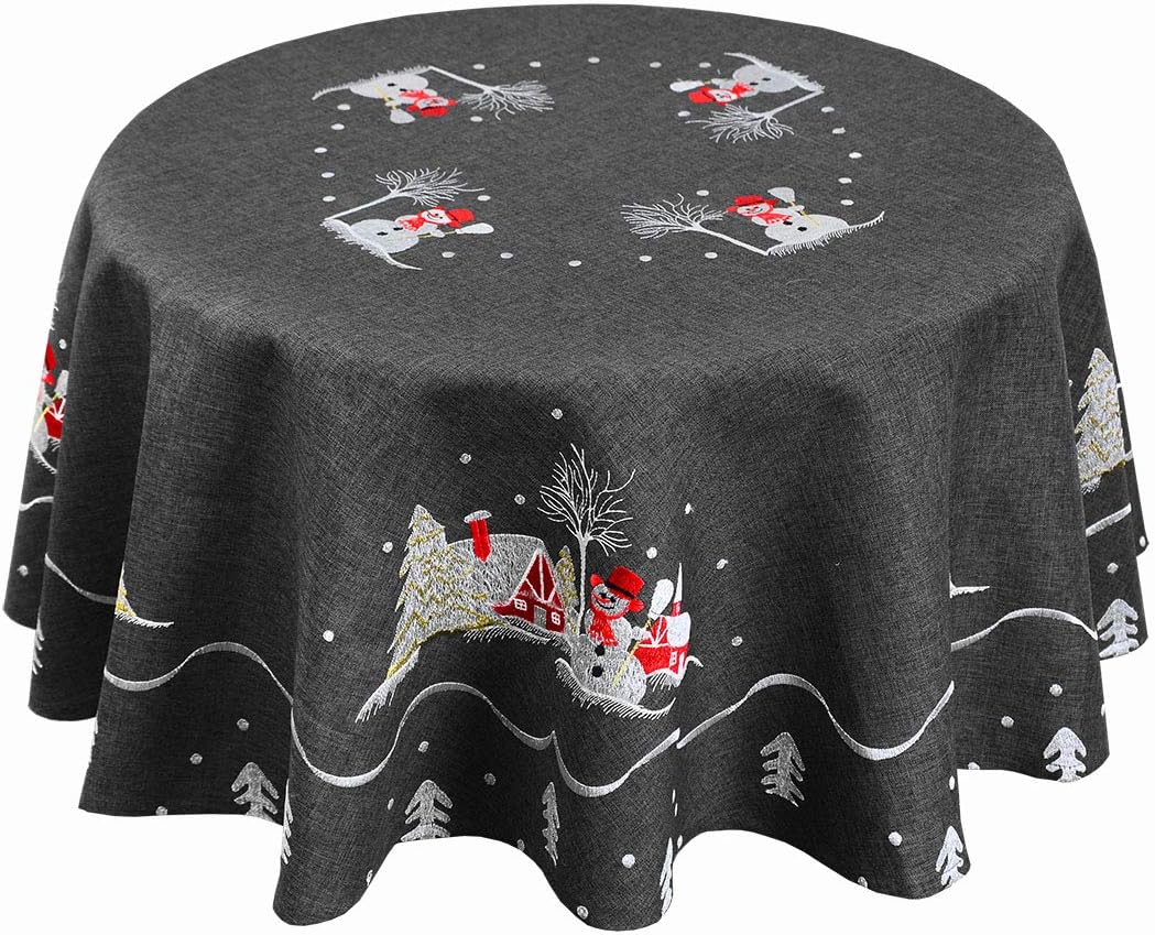 Simhomsen Dark Gray Snowman Tablecloth for Christmas Holiday, Machine Embroidery, (Round 67 Inches)
