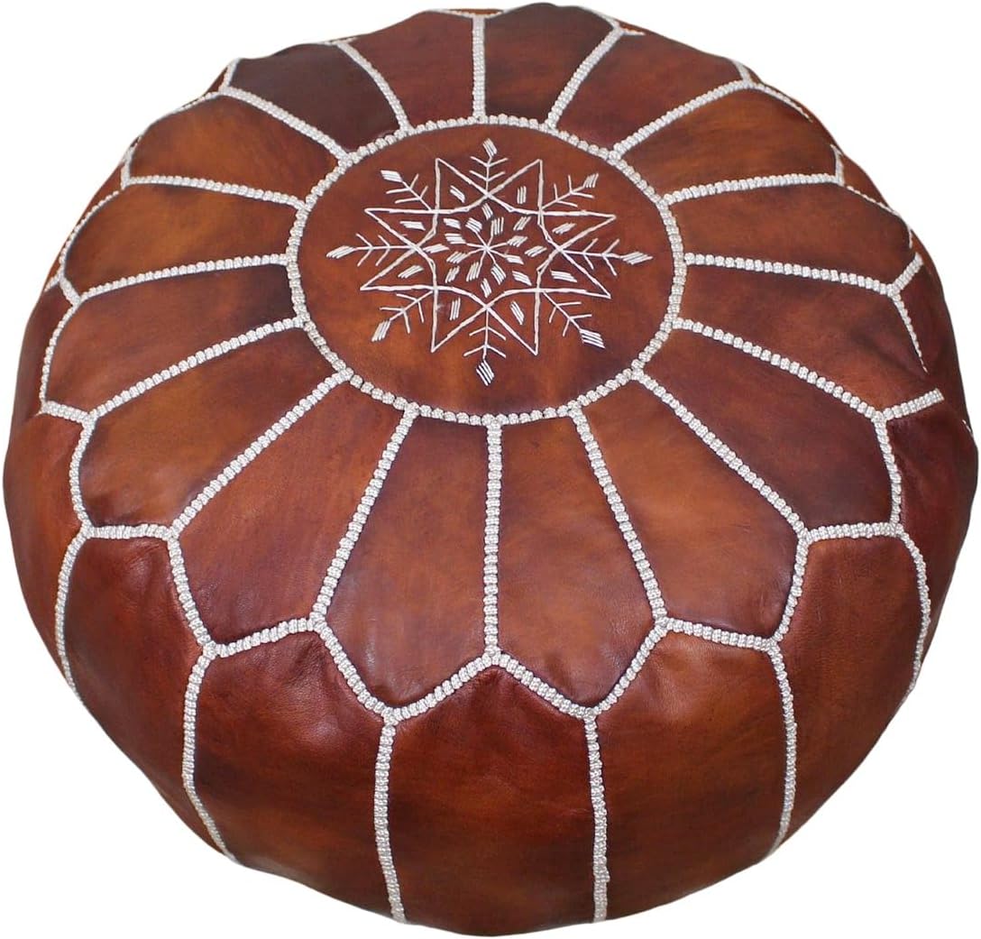 Leather Pouf Ottoman Cover (Unstuffed) – Handmade Round Footstool & Footrest, Boho Chic Decor Accent – Genuine Goatskin Leather