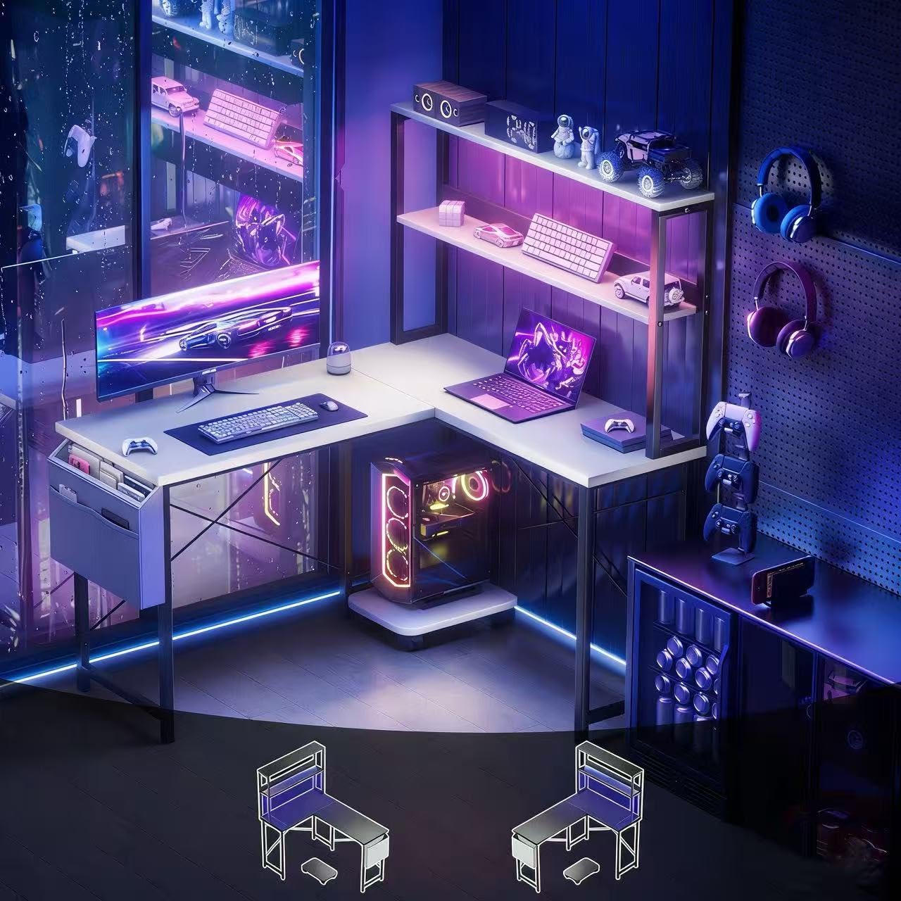 Gaming Schreibtisch L Form, Computertisch 110 x 80 x 148 cm mit LED-Beleuchtung, Seitentaschen, Eckschreibtisch mit Pc Ständer, für Büro und Zuhause, Weiß
