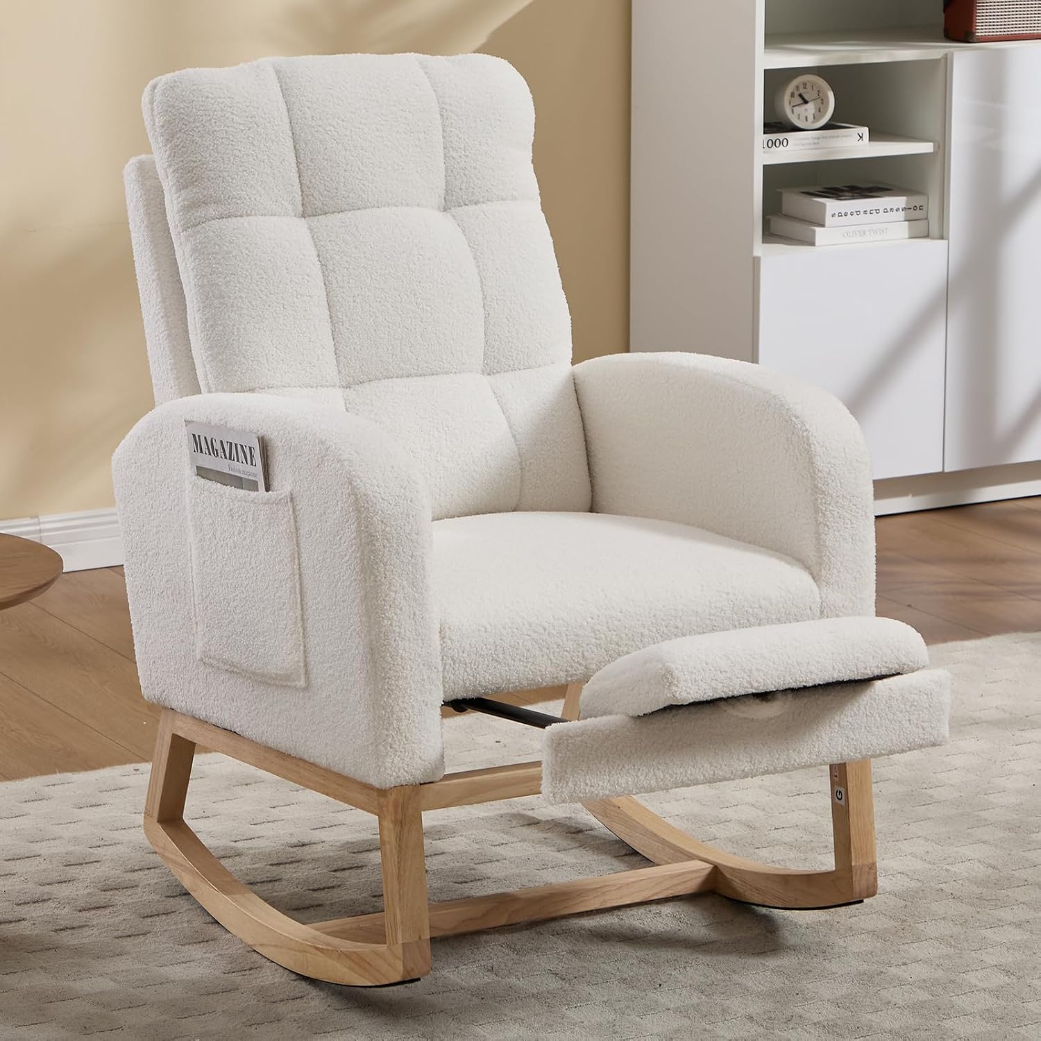 Nursery Rocking Chair, Teddy Boucle Upholstered Glider Rocker with Adjustable Footrest, High Back Rocker with Side Pockets, Comfy Accent Reading Chair for Living Room (White Retro)