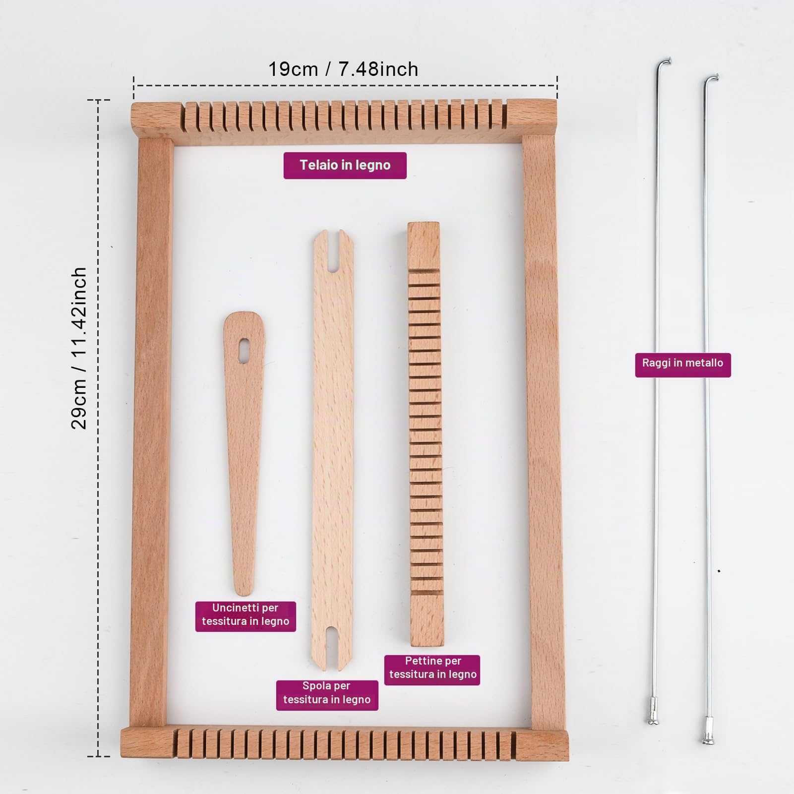 LYKTRIX Telaio Per Bambino,Telaio di Legno per la Tessitura, Fornito di Fili, Pettine, Navetta e Lana Filata per Principianti e Bambini - Dimensioni 29 x 19 cm