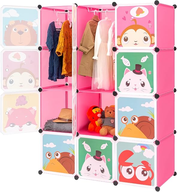 BRIAN & DANY Cartoon Clothes Closet Wardrobe DIY Modular Storage Organizer, 8 Cubes & 2 Hanging Sections, Pink, 110 x 47 x 147 cm