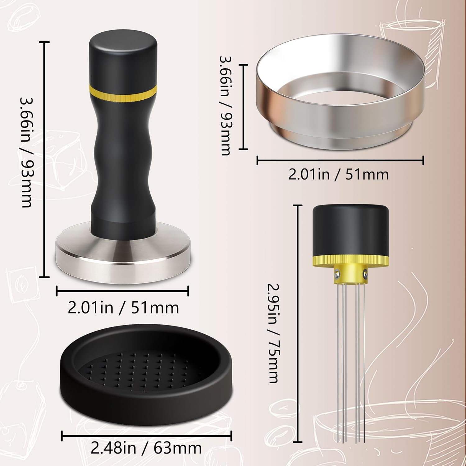 Espresso Accessories Kit, 2-in-1 Espresso Tamper and WDT Tool, 51mm Coffee Tamper with 304 Stainless Steel Needles, Espresso Accessories Gift for Home Baristas