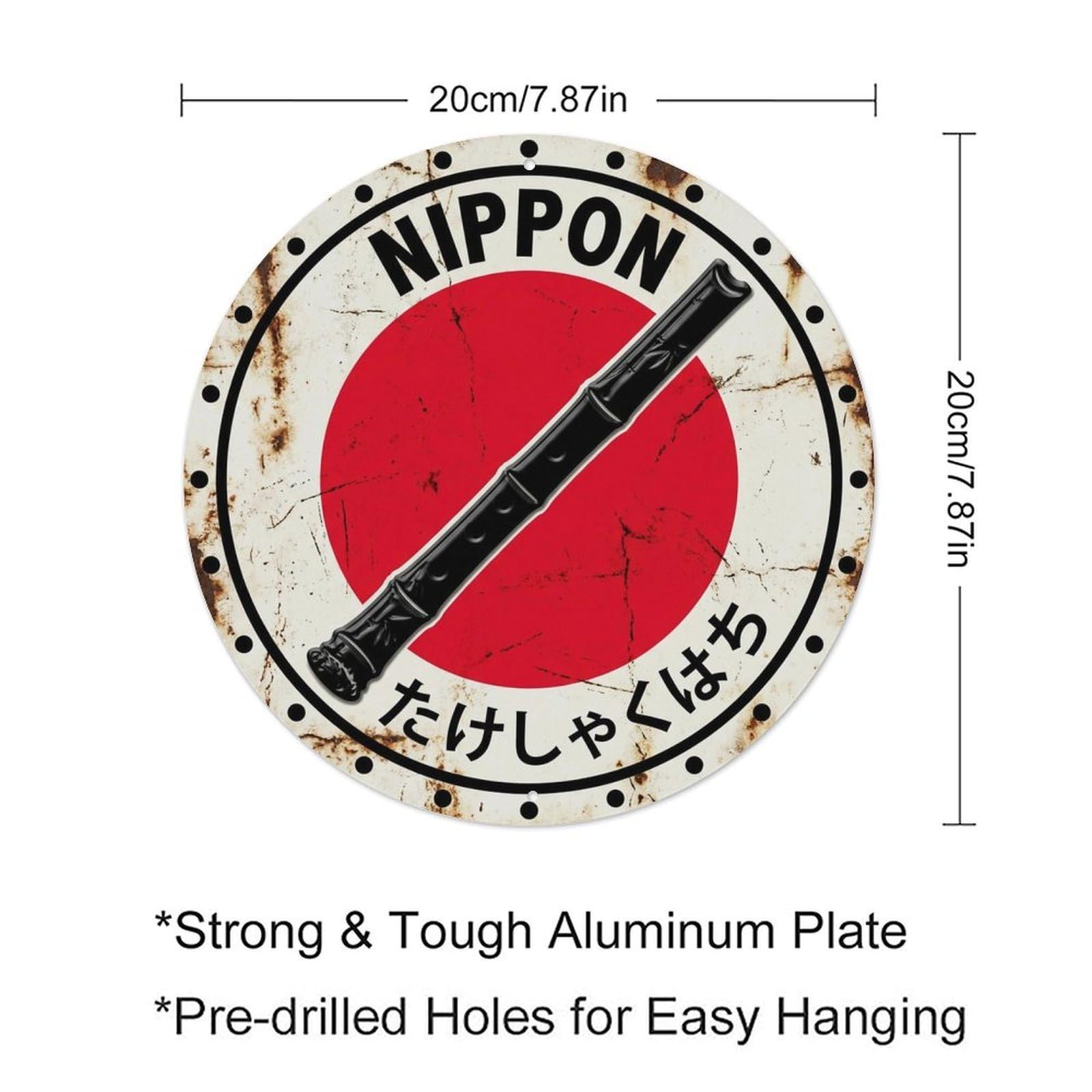 Bamboo Shakuhachi Nippon Natural Flute Retro Label Metal Tin Sign Plaque Wall Decor for Cafe, Man Cave, Club Bar, Office, Home Garden Round Metal Poster 8x8Inch