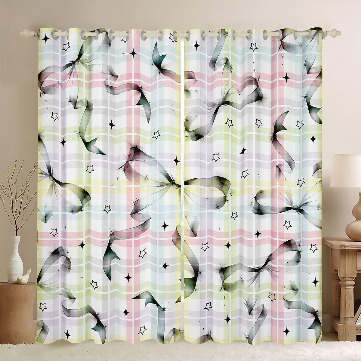 Pastel Plaid Bow Curtains for Bedroom Living Room