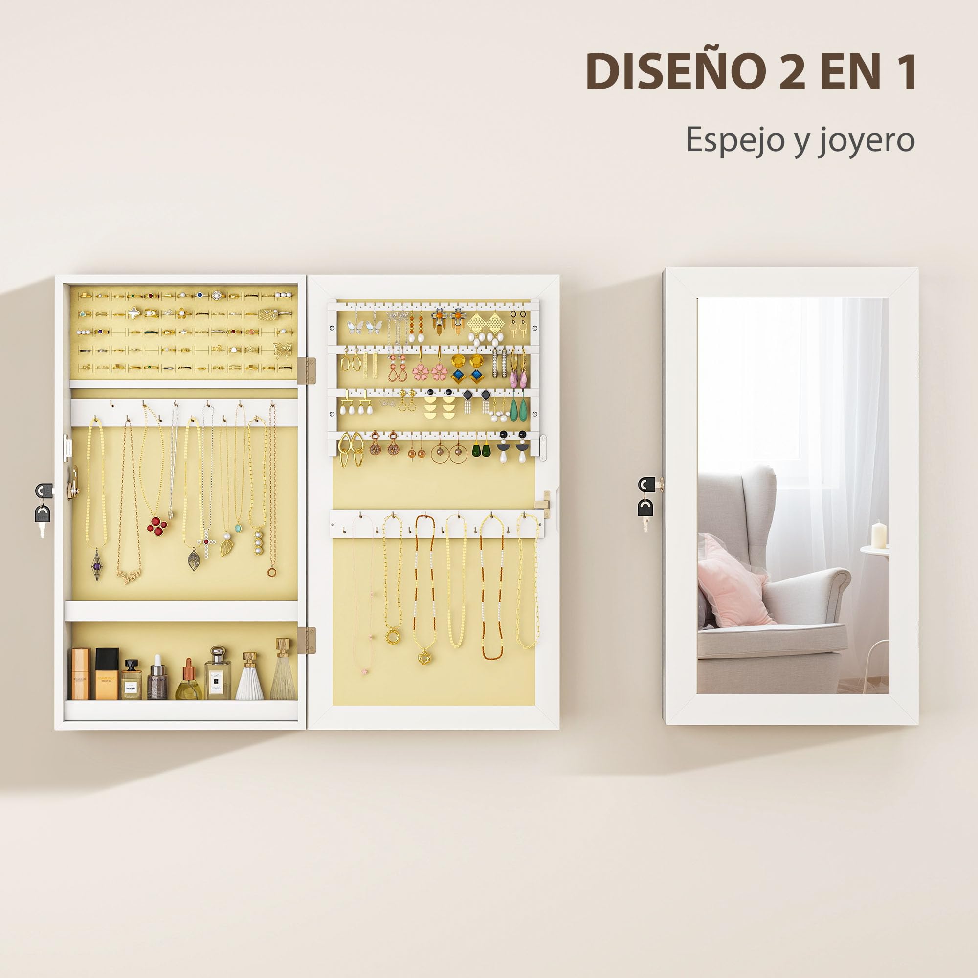 HOMCOM Espejo Joyero de Pared Armario para Joyas con Cerradura y Varios Compartimentos Montar en Pared o Puerta para Pendiente Collar Anillo Pulsera Blanco y Forro Crema