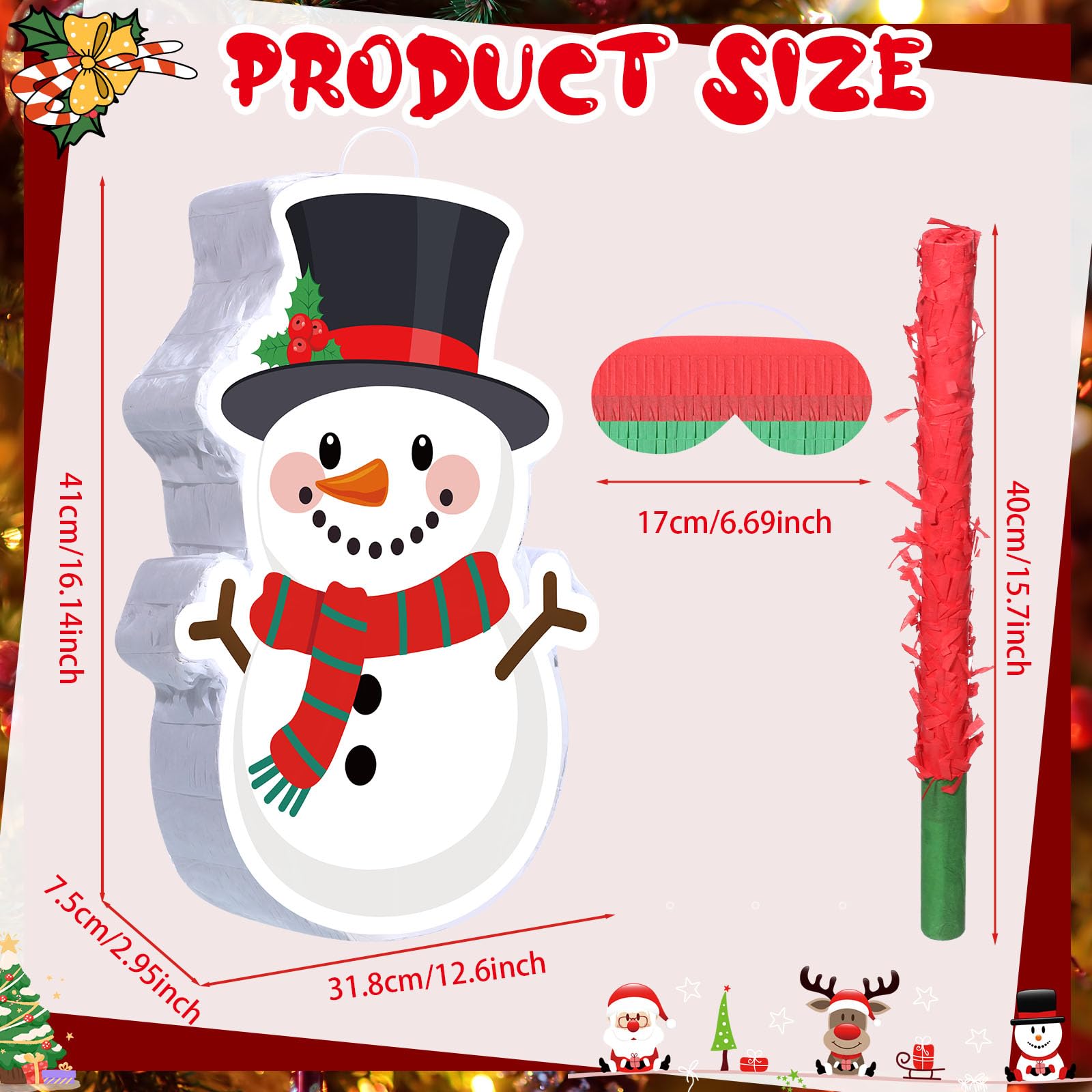 Christmas Snowman Piñata 16 Inch Christmas Mexican Piñata with Stick Blindfold and Confetti Pack Christmas Piñata Bundle for Xmas Birthday Holiday Piñata Game Favors Photo Prop Decoration