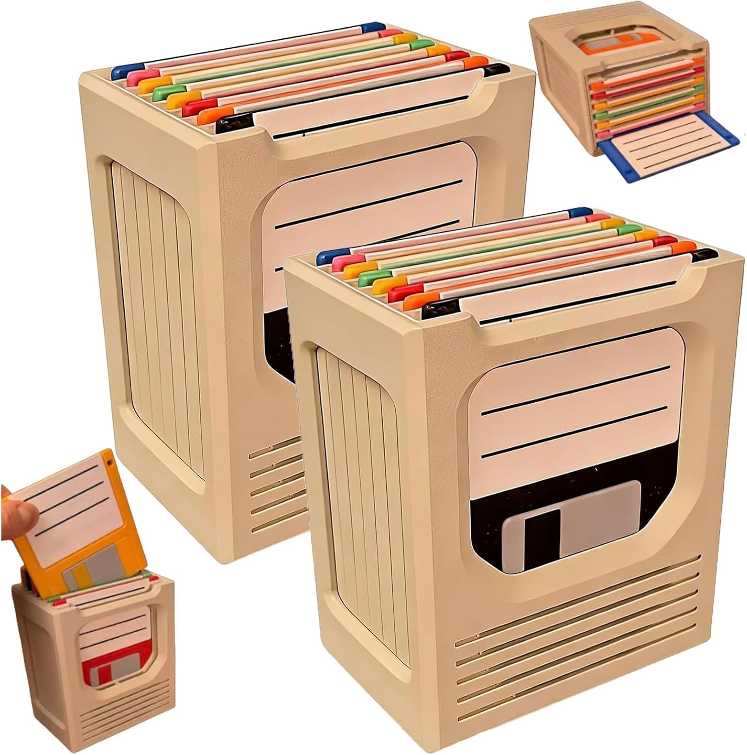 The Retro-Tech Coaster Holder, 3D Printed Floppy Disk Coaster with Holder, Ejectable Click Creative Drink Coaster Storage Rack, 90s Writing Desktop Decor, Protect Surfaces from Hot Drinks (2 PCS)