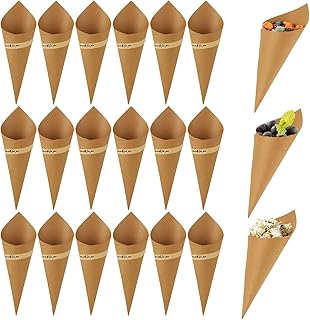 100PCS Kraft Paper Confetti Cones Brown Wedding Confetti Cones Vintage Kraft Paper Petal Cones with Hemp Ropes Tape.130gsm (20x20CM)