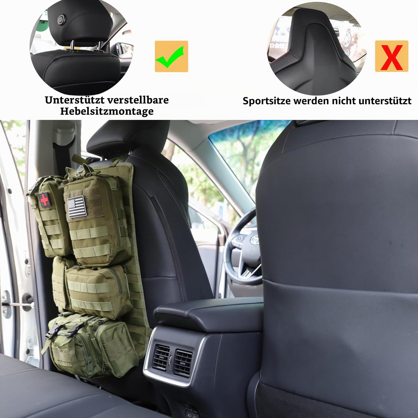 Taktische Sitzrücken-Organizer für Fahrzeuge, Molle-Paneel, Aufbewahrungstasche mit 5 abnehmbaren Molle-Taschen für alle Fahrzeuge wie Jeep,SUV,Auto,Ford,Chevy,Toyota usw (Modell C-Militärgrün)