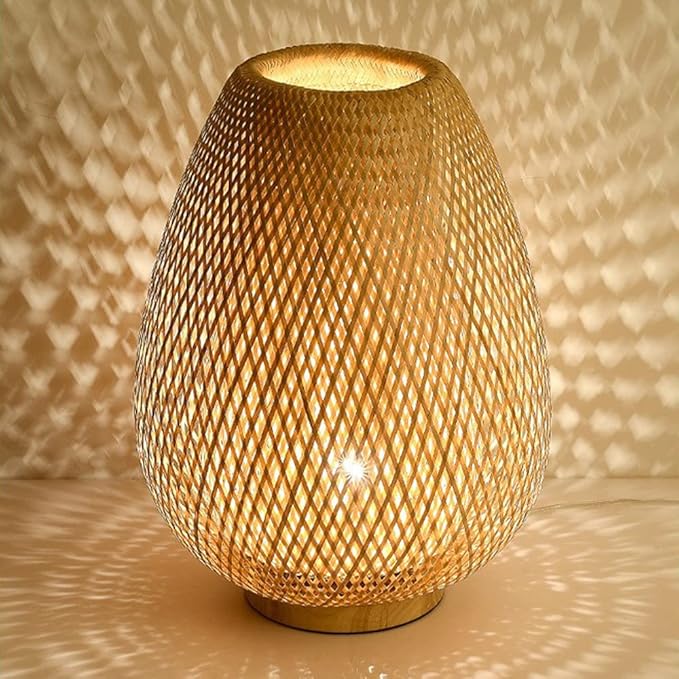 TAMYUSE Japanese-Style Rattan Weave Bamboo Desk Lamp with Exquisite Lamp Shade,Handmade Bamboo Table Lamp Bedside Patio Lighting All Wicker Woven Basket Table Light