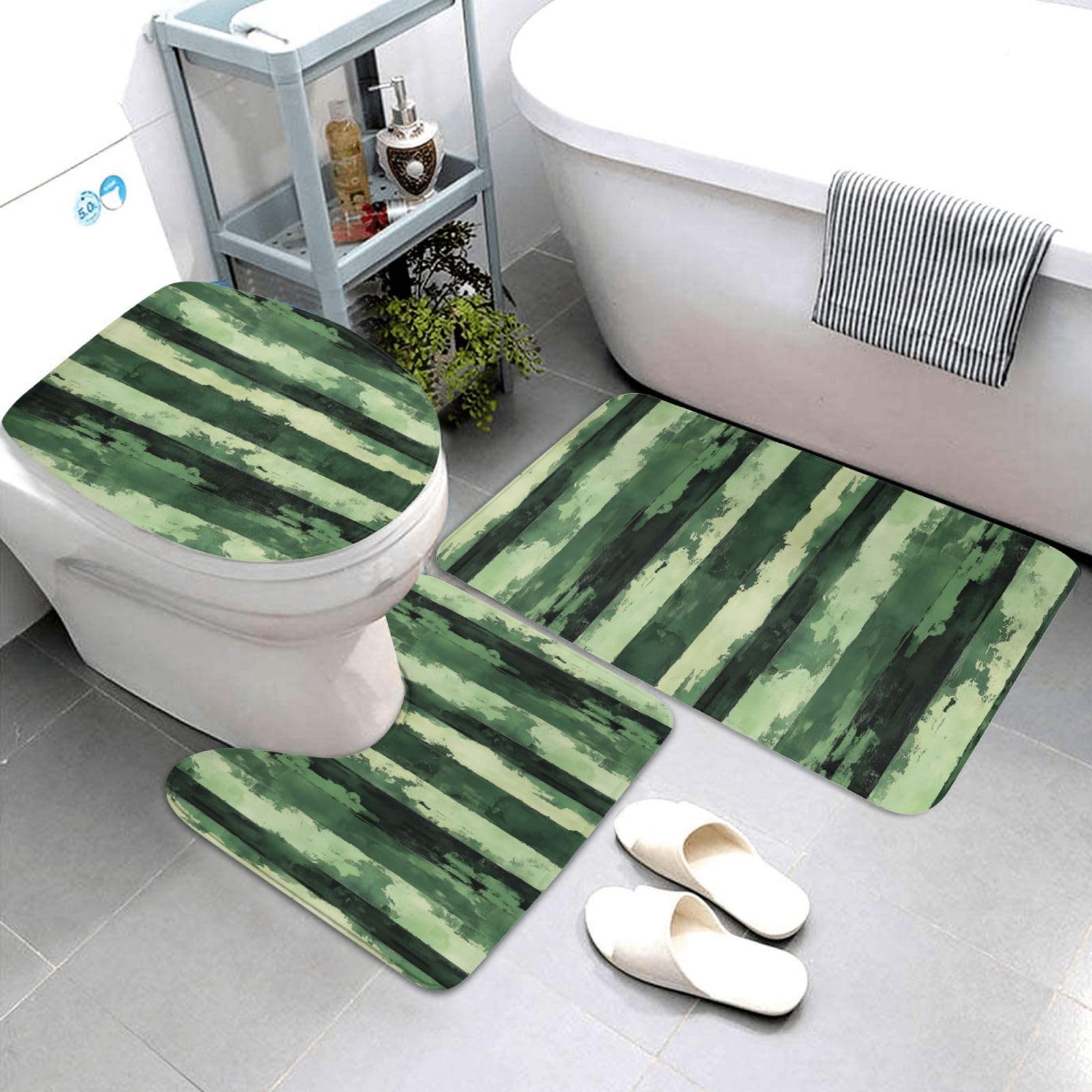Tapis de salle de bain vert lot de 3 avec contour WC et tapis de douche à rayures