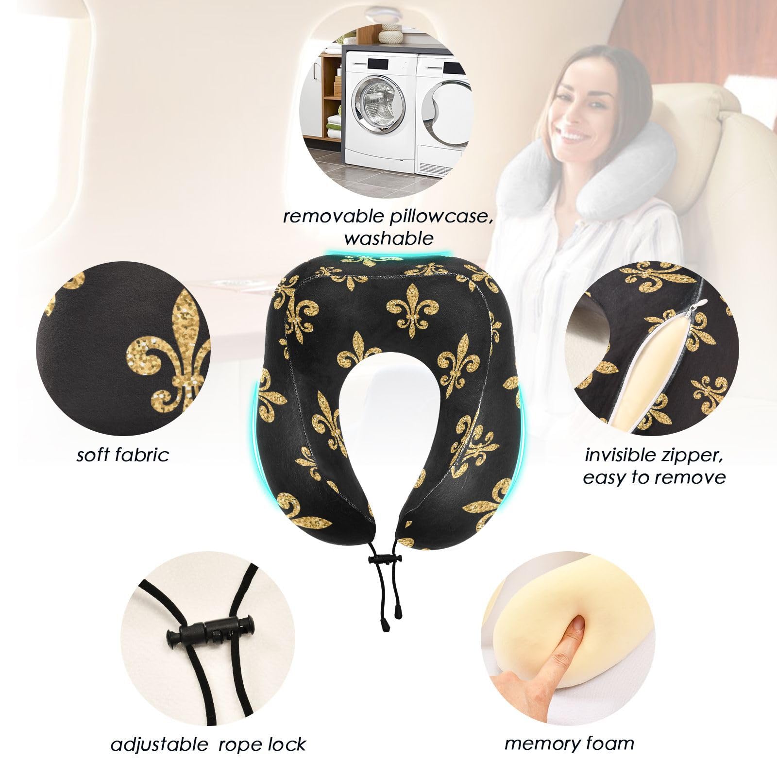 Travel Pillow Gold Glitter Fleur-de-lis Airplane Neck Pillow Premium Memory Foam Travel Neck Pillow Head Support Comfortable Flight Pillow with Storage Bag for Airplane, Car, Train, Office and Home