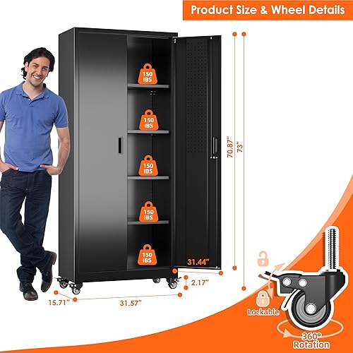 Miniatura 12 de Armario de almacenamiento de metal con tablero de clavijas de 31.5 x 31.5 x 16.5 pulgadas, armario de almacenamiento de acero con cerradura con 5