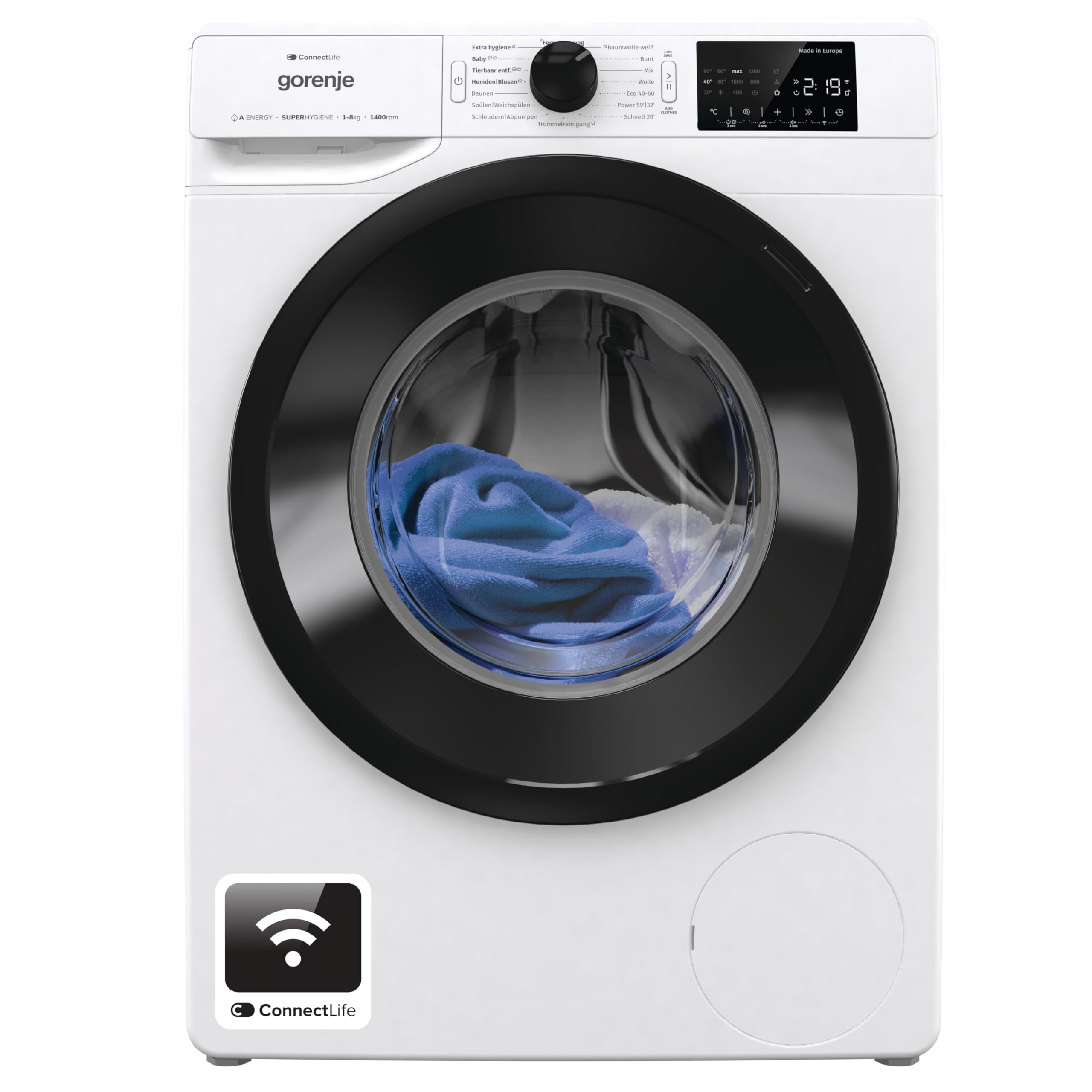 Gorenje WPNEI84A1TS Waschmachine mit Dampffunktion/ConnectLife / / 1400 U/min / 15 Programme/Totaler AquaStop/WaveActive Trommel/ExtraHygiene/PowerWash/Schnell Waschgang/Weiß/EEK: A-10% 8 kg