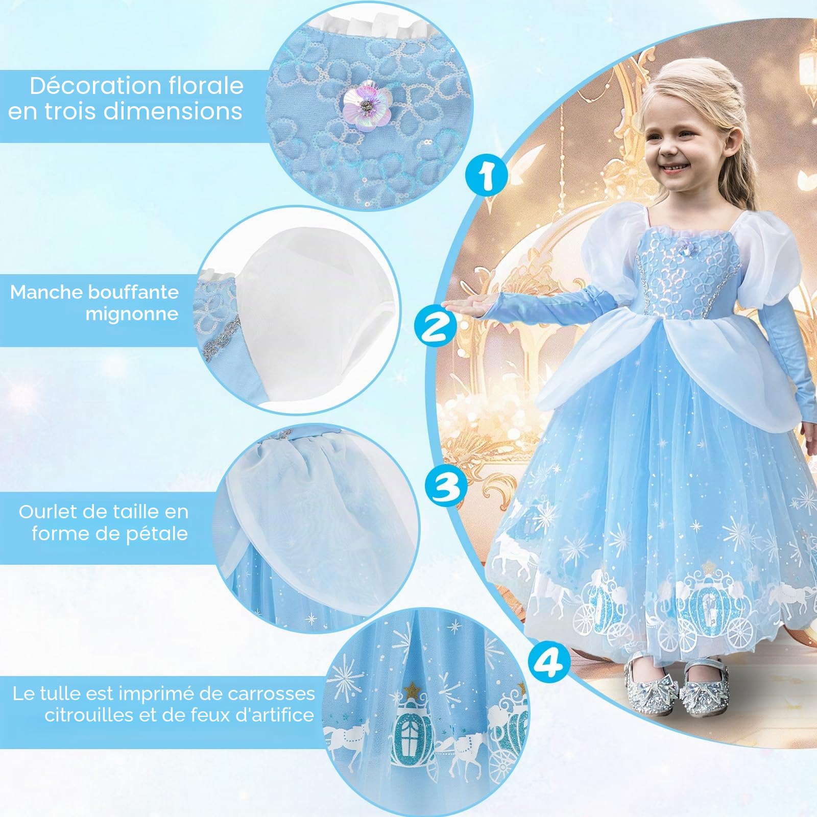 Berich Robe Cendrillon pour fille - Déguisement de princesse
