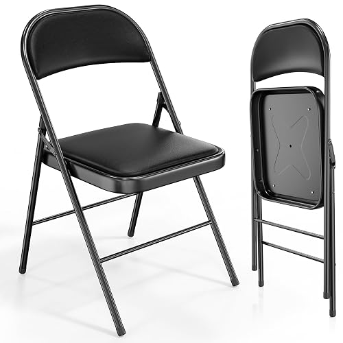 VINGLI 2 Pack Folding Chairs with Padded Seats, Metal Frame with Pu Leather Seat & Back, Capacity 350 lbs, Set of 2, Black
