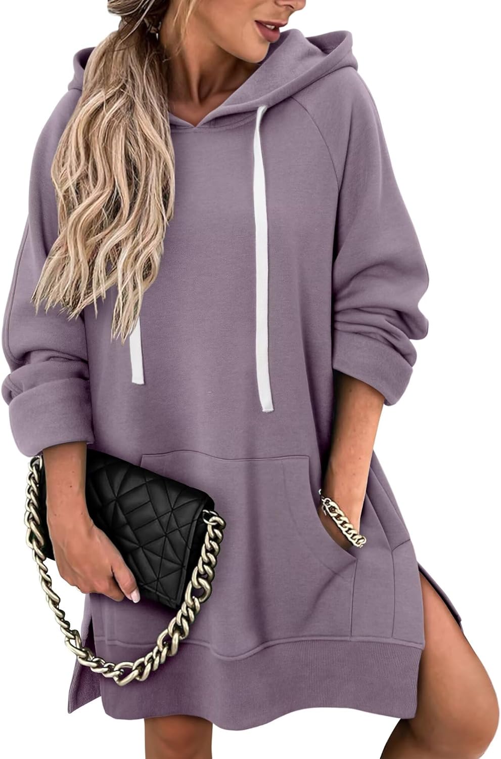 StunShow Women Oversized Sweatshirt Pullover Casual Split Hem Long Hoodie Dress with Kangaroo Pocket 2025 Fall - Image 3