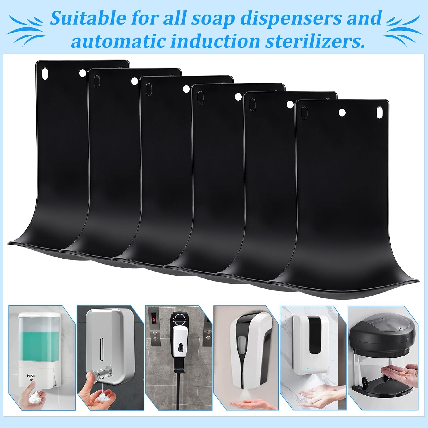 6pcs Soap Dispenser Drip Catcher with Double Sides Adhesive Tape Wall Mounted Dispenser Drip Tray Lightweight Liquid Laundry Detergent Catcher Cup Holder for Kitchen Sink Bathroom