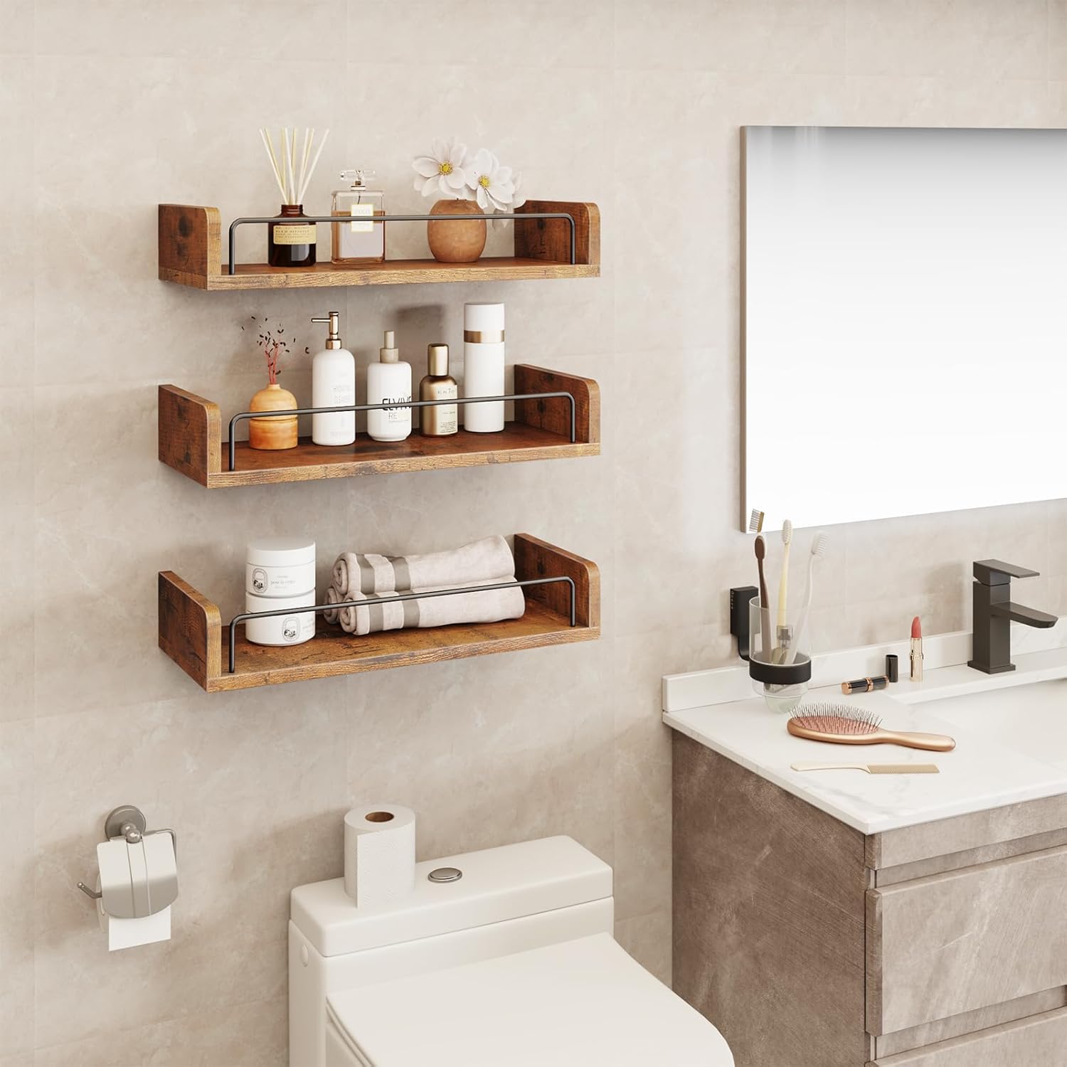 floating shelves for wall, floating shelves for bedroom kitchen decor, wall mounted rustic farmhouse wood shelf for books, plants, set of 3 (rustic brown) rustic brown 15.74 inches l x 6.7 inches w x 6.4 inches h