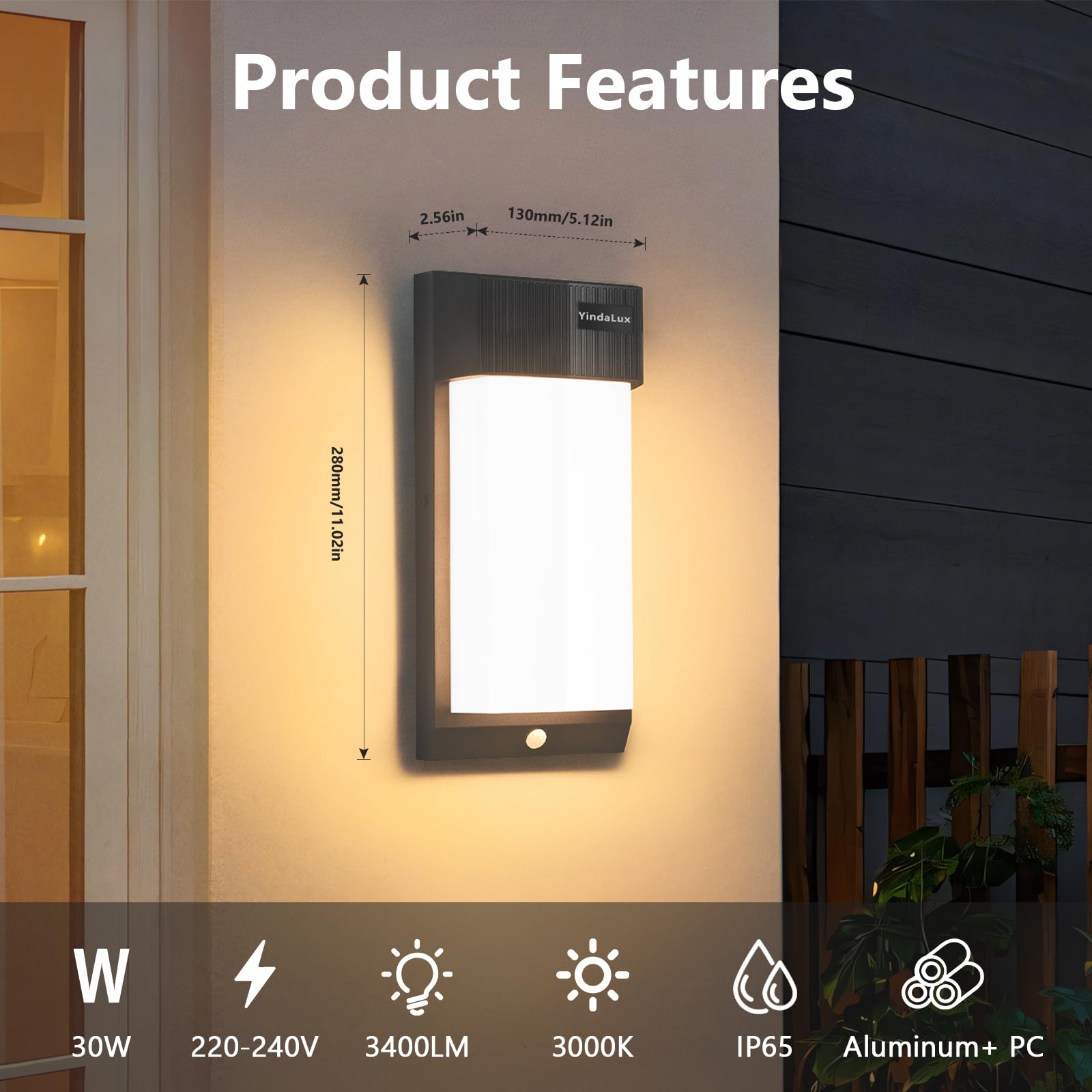 YindaLux Aussenlampe mit bewegungsmelder, IP65 30W LED 3400LM Wandleuchte Innen/Außen, 3000K Modern Lampe mit Bewegungsmelder Aussen, Aluminium Außenleuchte für Terrasse, Eingang, Flur, Anthrazit