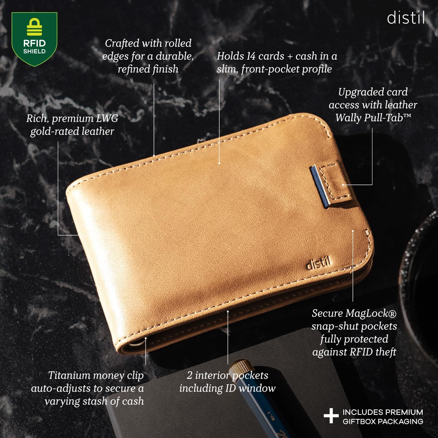 Distil Union Wally Bifold 5.0 Premium RFID Wallet with Titanium Money Clip - Slim Bifold Wallet for Men, Full Grain Leather, Minimalist RFID Card Holder - Holds 14 Cards & 30 Bills - Vege-Tan - Image 4