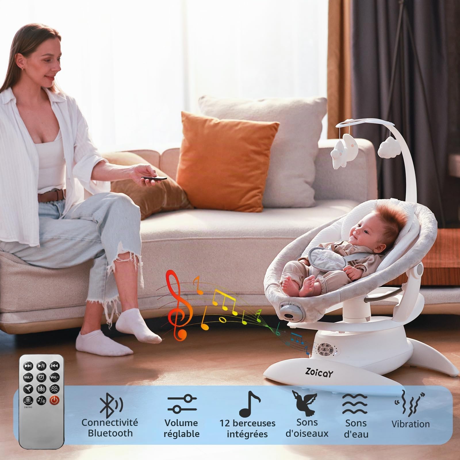 Balancelle Bébé Electrique 3-in-1 avec 9 Modes pour 0–9 mois, Jusqu'à 11 Kg | Transat Balancelle avec Siège Réglable Fonction de Timing et Musique, Télécommande Bluetooth contrôle pour Intérieure (Blanc)