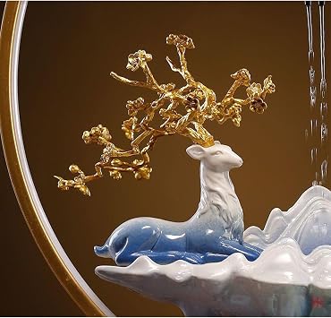 Tabletop Fountain Decorative Ornament Deer Tabletop Water Fountains with LED Light Ring Indoor water fountains with Backflow Incense Burner Zen Meditation Indoor Waterfall fountain with Fake Plants.(S
