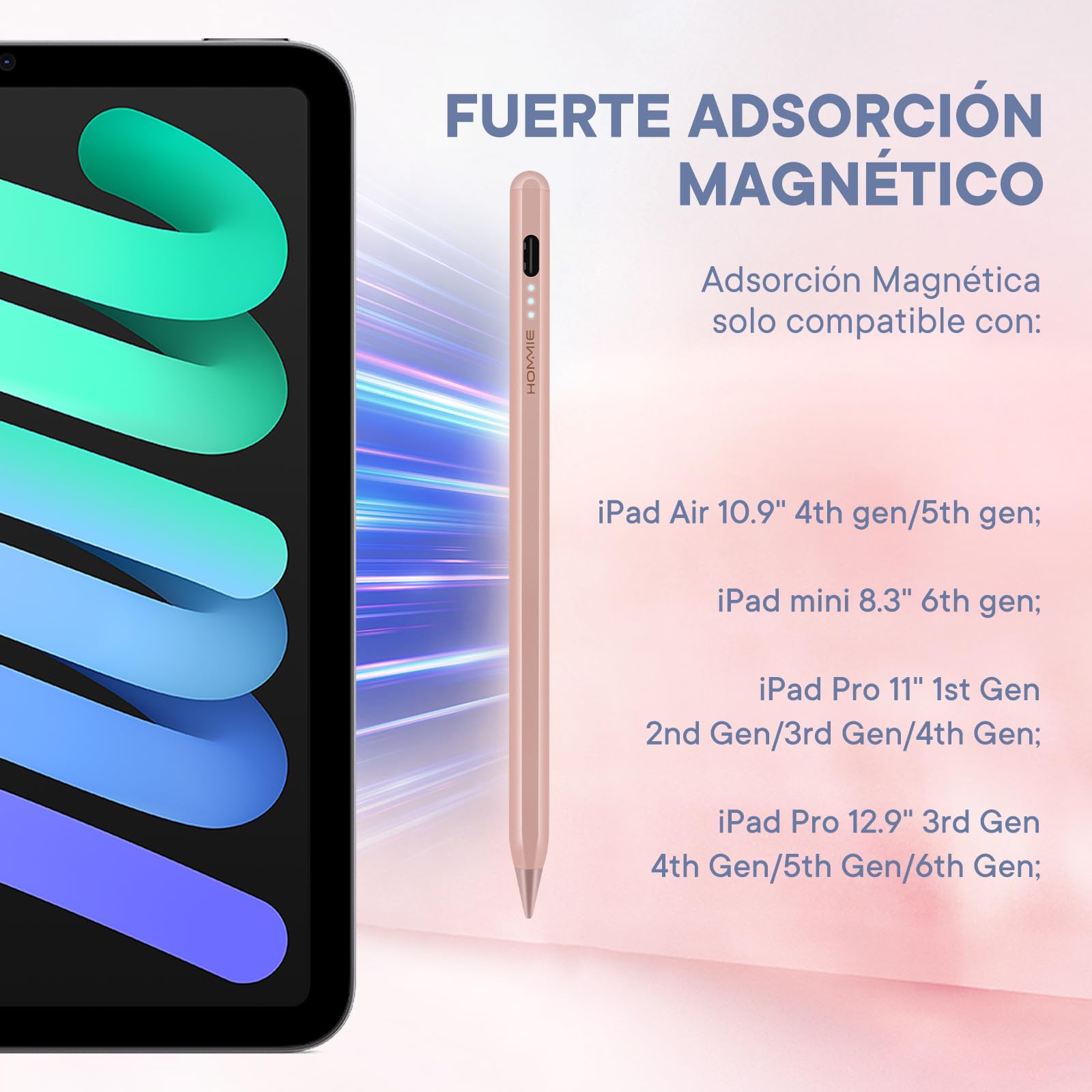 Lapiz iPad 2ª Generación, Hommie Pencil iPad Magnética con 1mm Punta Ultrafina, Rechazo Palm, Detección Inclinación, Lapiz para iPad Pro 11"/12,9", iPad 10/9/8 Gen,Air 3/4,Mini 5/6, Oro Rosa