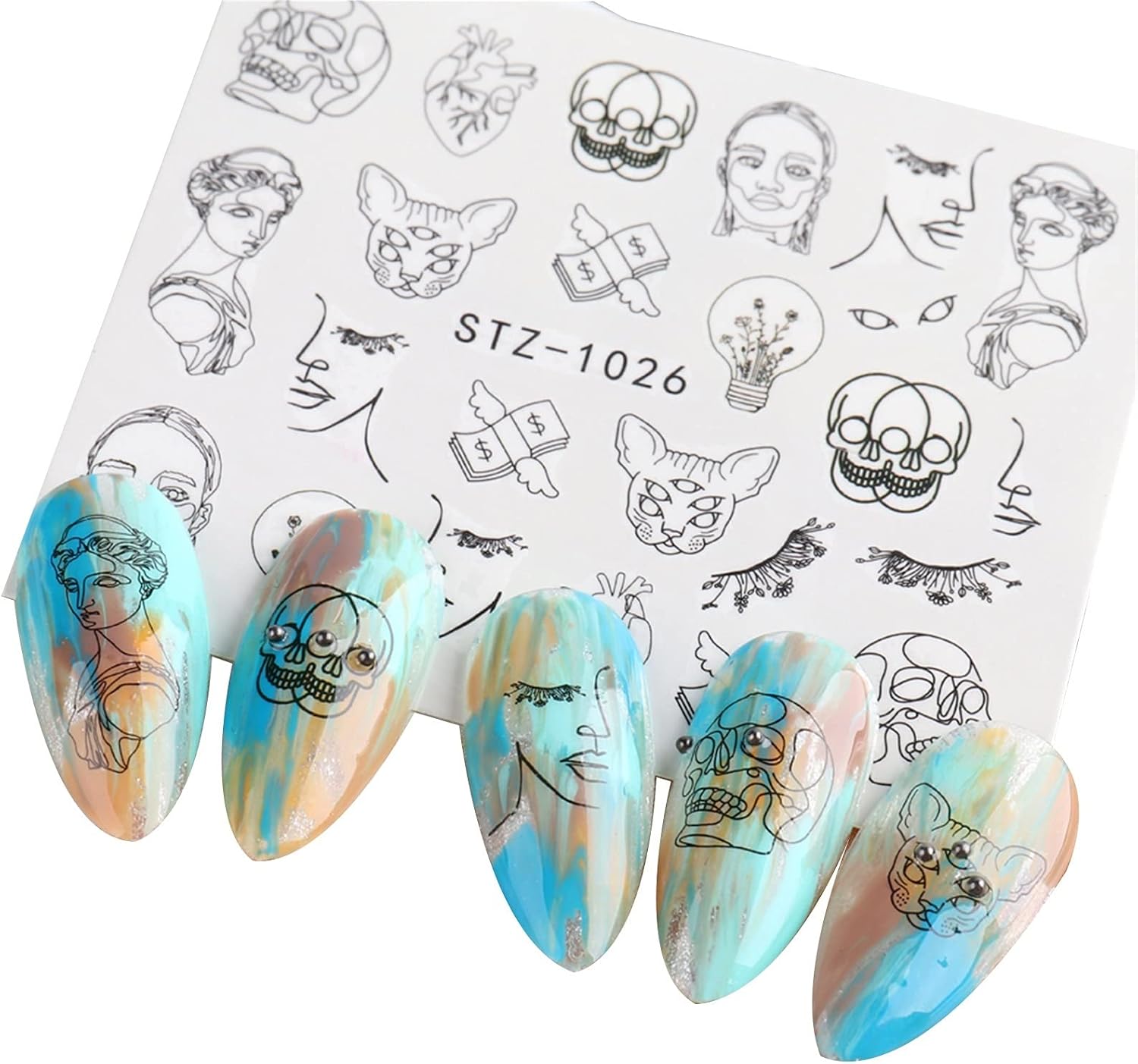 WZRY Nail Sticker, Nail Art Sticker 10 Sheet Liners Animal Flowers Tattoo Sliders Transfer Leaf Manicure Decoration (Color : 10 Sheet) : Beauty & Personal Care
