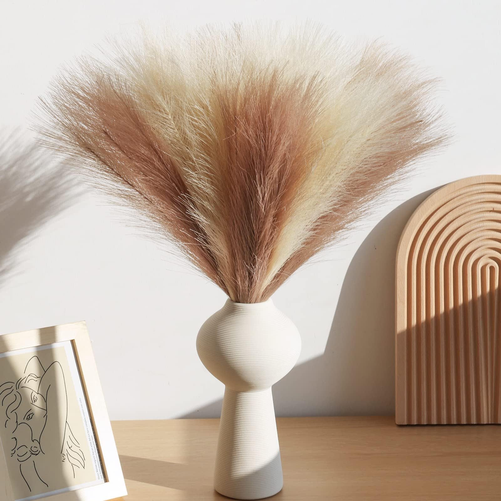 JPSOR 10pcs Faux Pampas Grass Decor Tall Fake Pampas Grass Small 17in Artificial Pompas Grass Branches for Vase Fillers Home Farmhouse Boho Wedding Decor (Beige and Taupe-Brown)