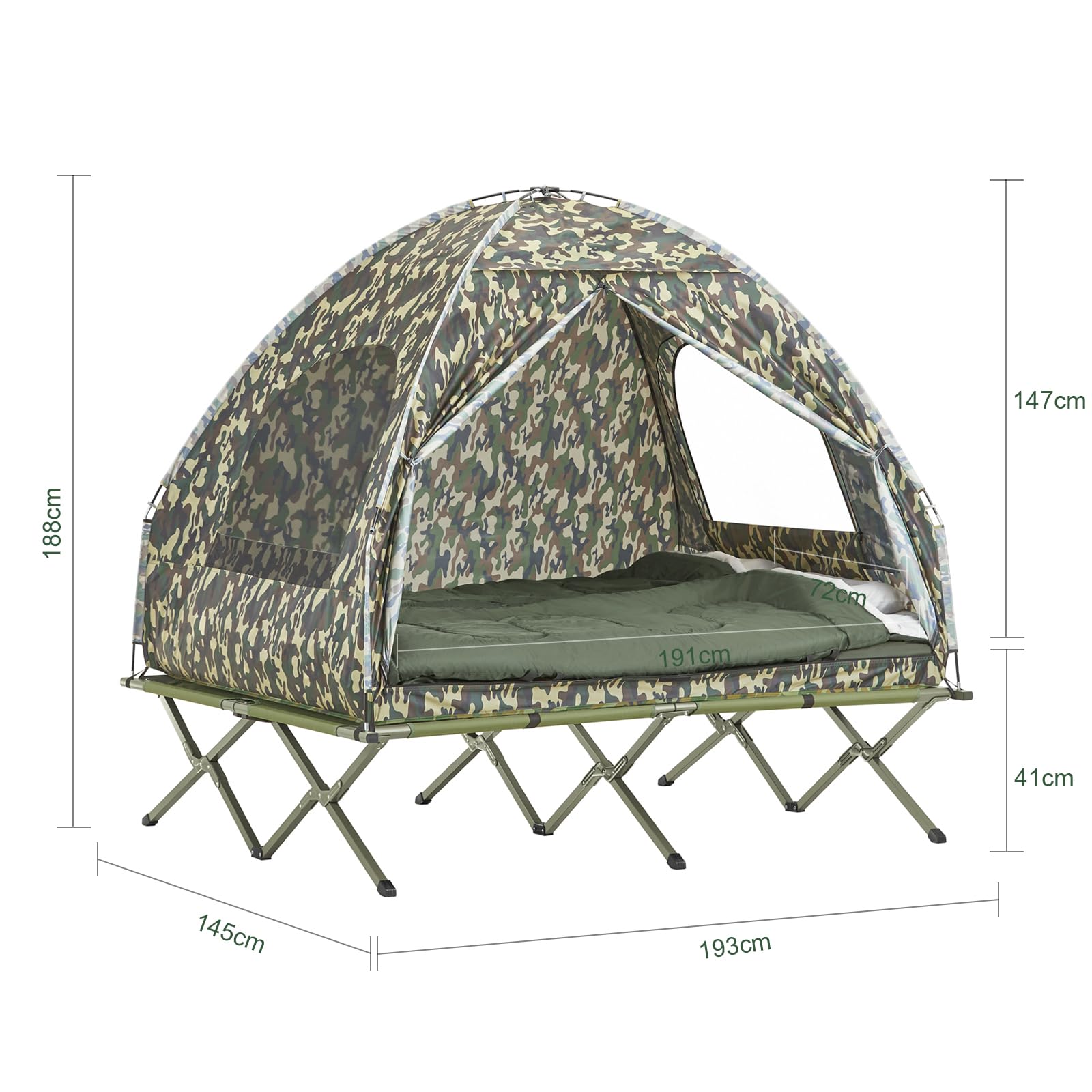 SoBuy Feldbett mit Zelt Schlafsack Wurfzelt Matratze und Zubehör Zelt 2 Person 2 Mann Zelt Feldbett 4in1-Zelt mit Campingliege Tarnfarbe BHT ca. 193x188x145cm OGS32-L-TN