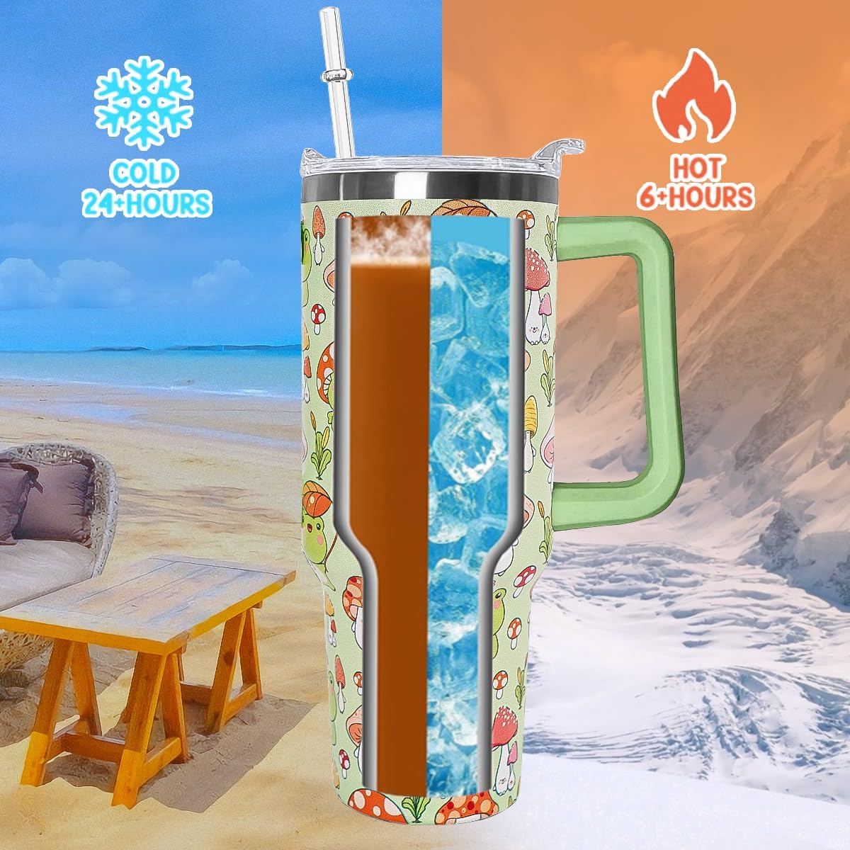 Frog Tumbler Cute Mushroom Tumbler 40 oz Kawaii Frog Gifts for Women Cute Cups Coffee Travel Mug with Handle Leak Proof Insulated Frogs Decor Stuff - Image 3