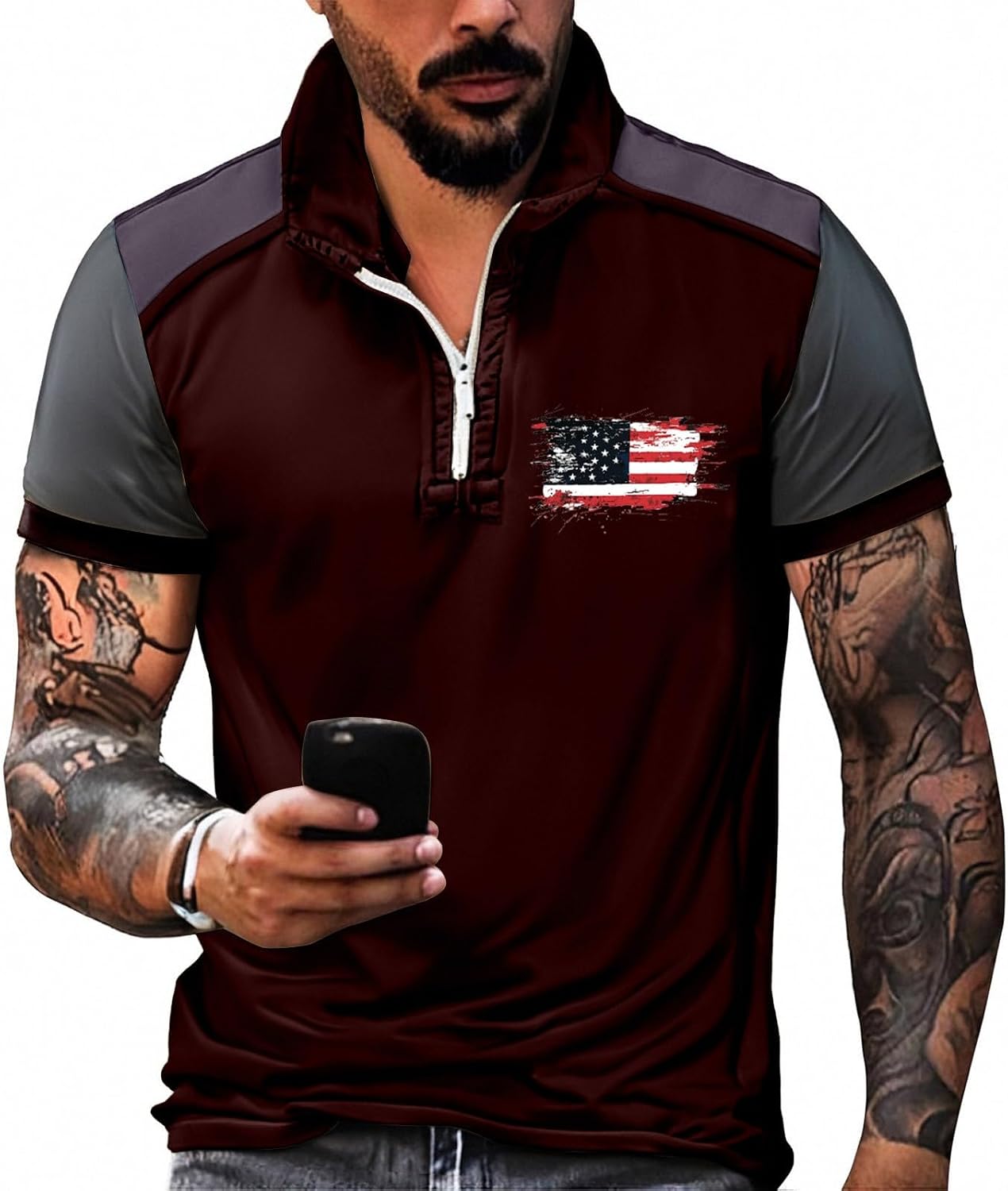 Ymosrh Men's Patriotic Polo Shirts Short Sleeve America Flag Print Retro USA Golf Shirt, S-2XL