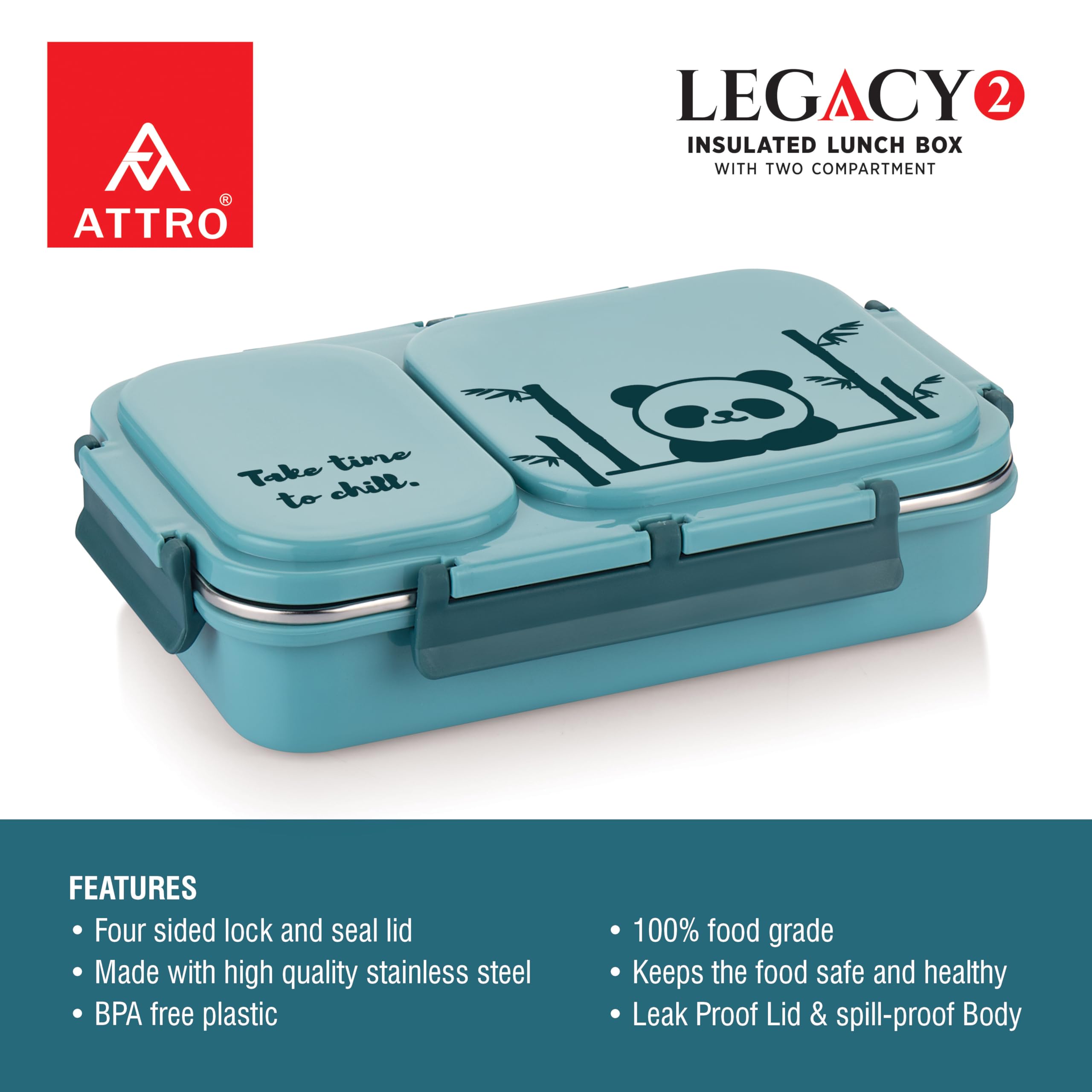 Attro Legacy 2 - Lonchera aislada con dos compartimentos sin BPA, de grado alimenticio, a prueba de fugas, ideal para la escuela, picnic, oficina y al aire libre, 600 ml, color azul